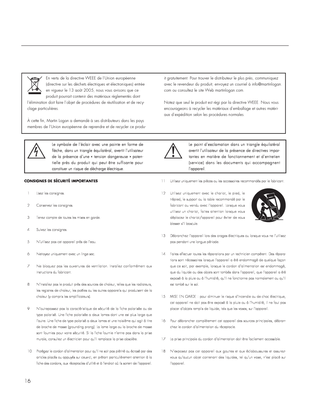 MartinLogan 300 user manual Consignes De Sécurité Importantes 
