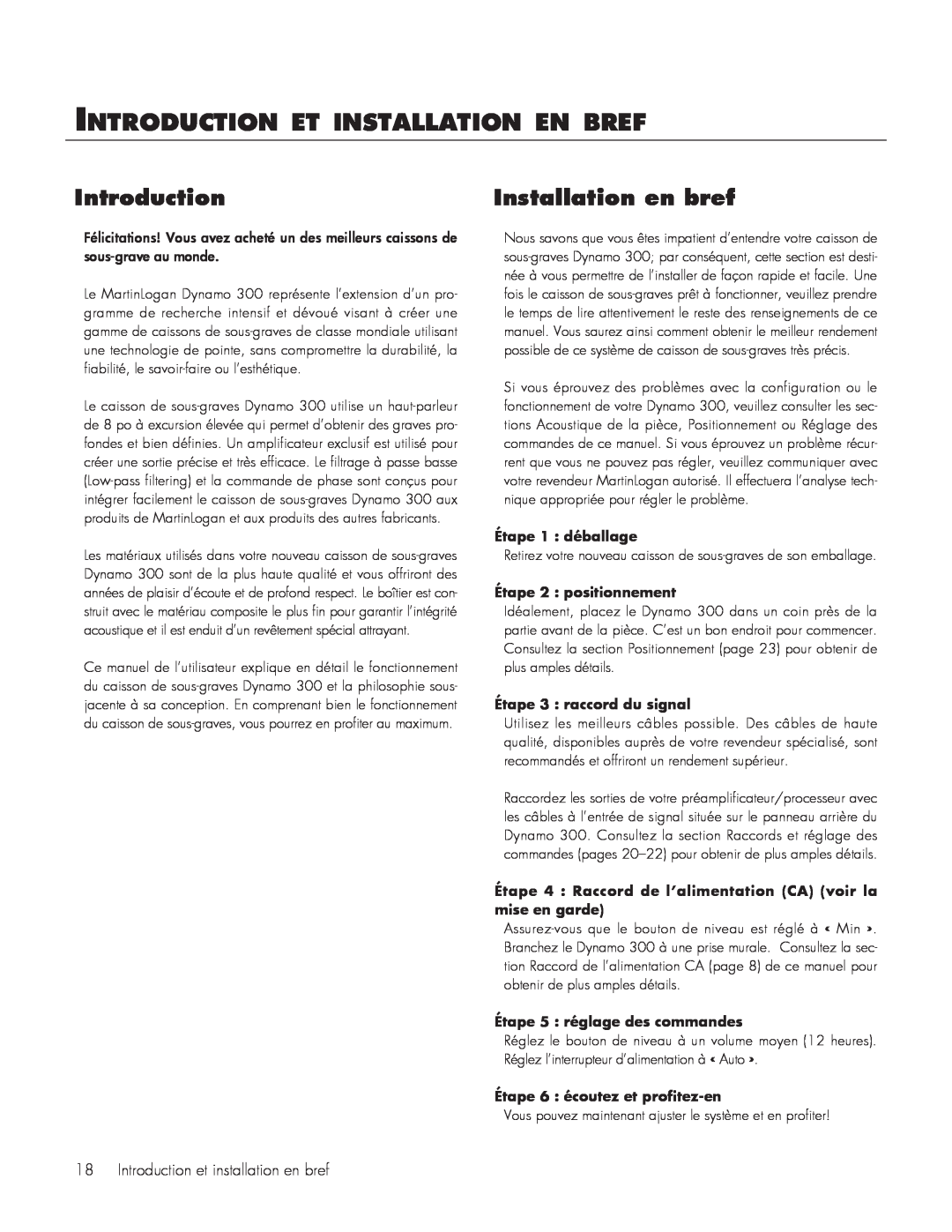 MartinLogan 300 user manual Introduction et installation en bref, Installation en bref 