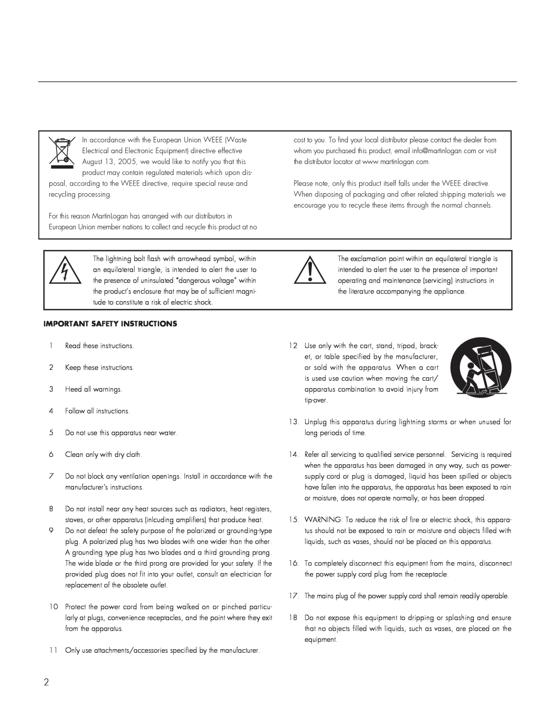 MartinLogan 300 user manual Important Safety Instructions 