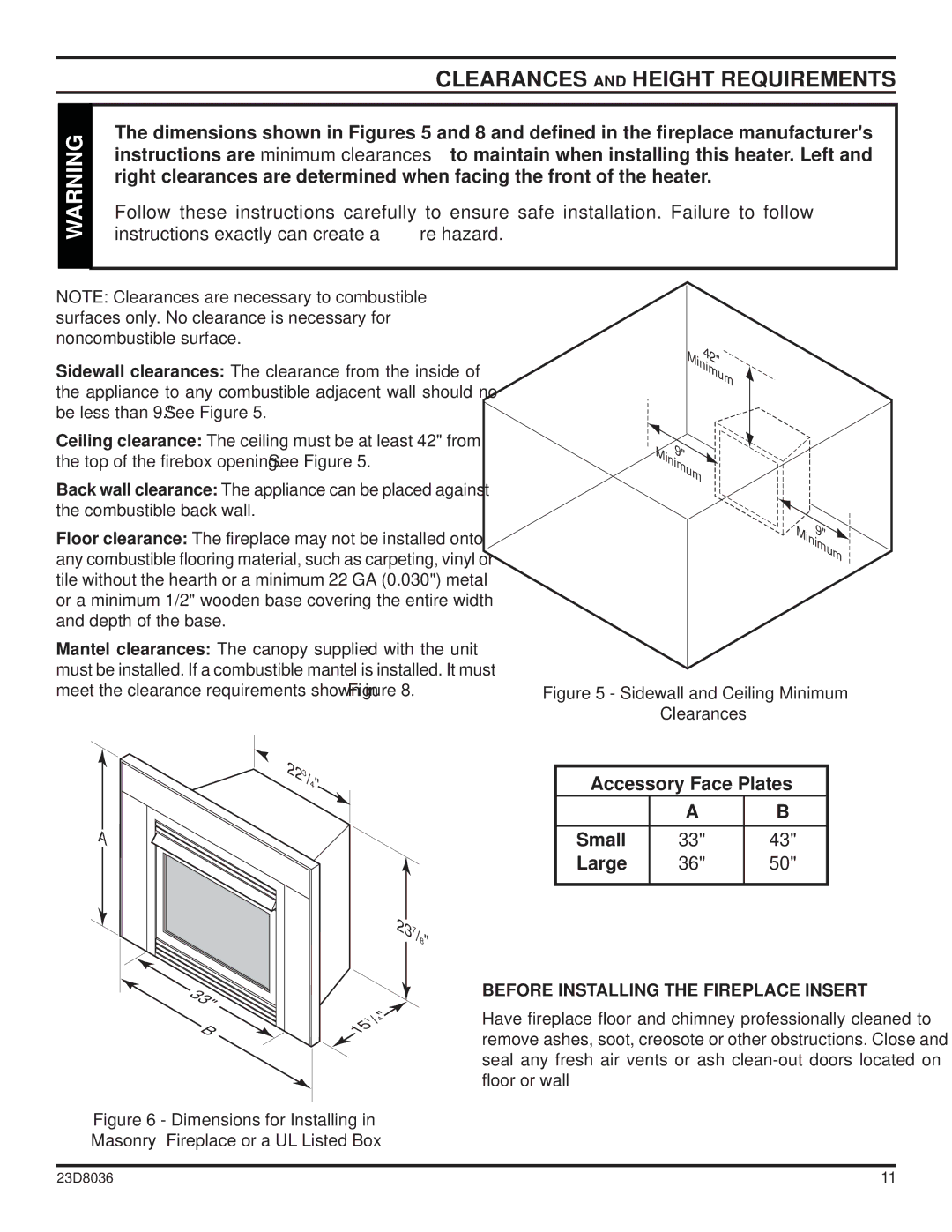 MartinLogan 33ISDG operating instructions Clearances and Height Requirements, Before Installing the Fireplace Insert 