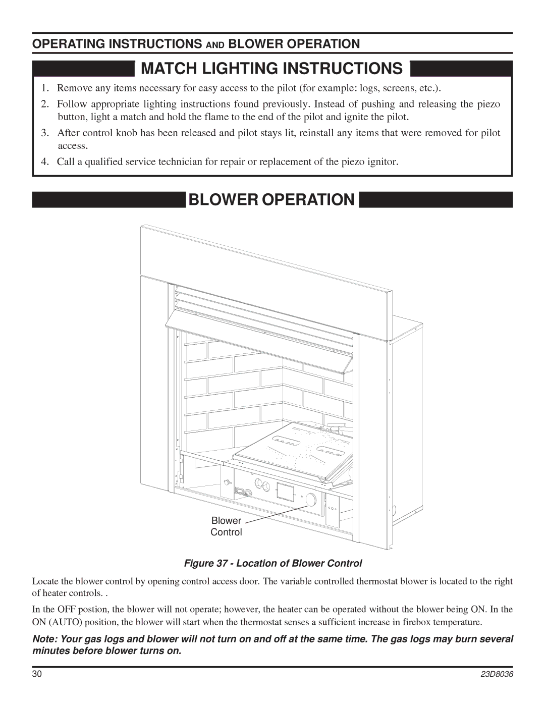 MartinLogan 33ISDG operating instructions Match Lighting Instructions, Operating Instructions and Blower Operation 