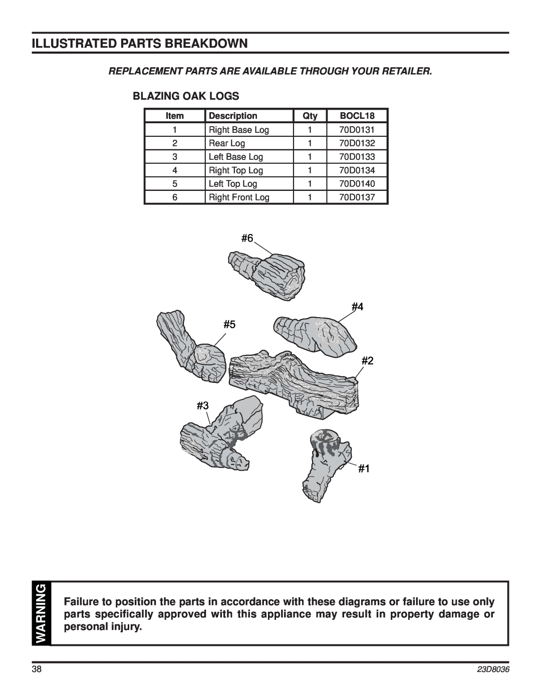 MartinLogan 33ISDG operating instructions Blazing Oak Logs, Illustrated Parts Breakdown, #6 #4 #5 #2, Description, BOCL18 