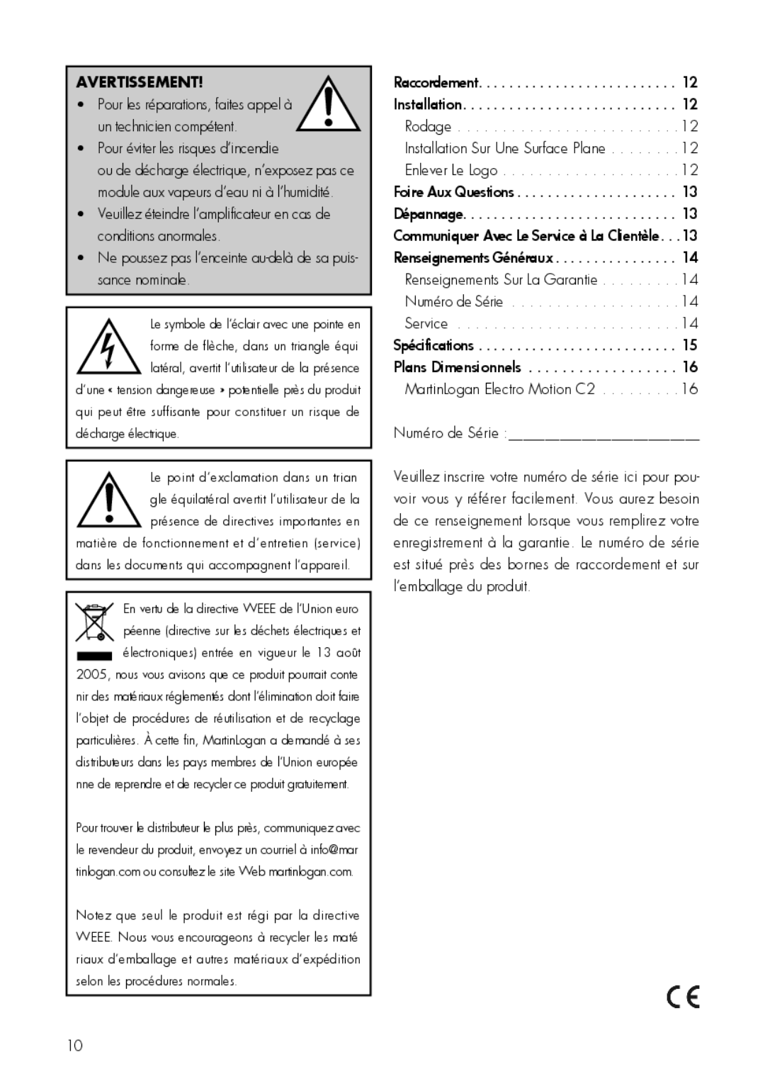 MartinLogan C2 user manual Avertissement, Numéro de Série 