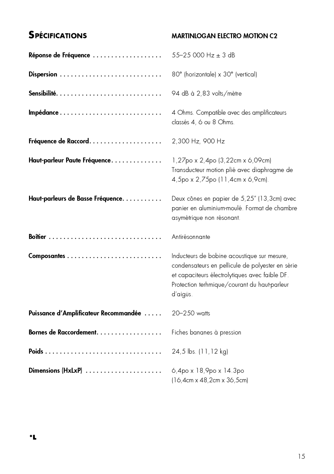 MartinLogan C2 user manual Spécifications 