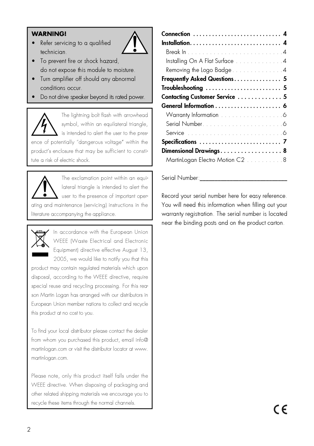 MartinLogan C2 user manual Serial Number 