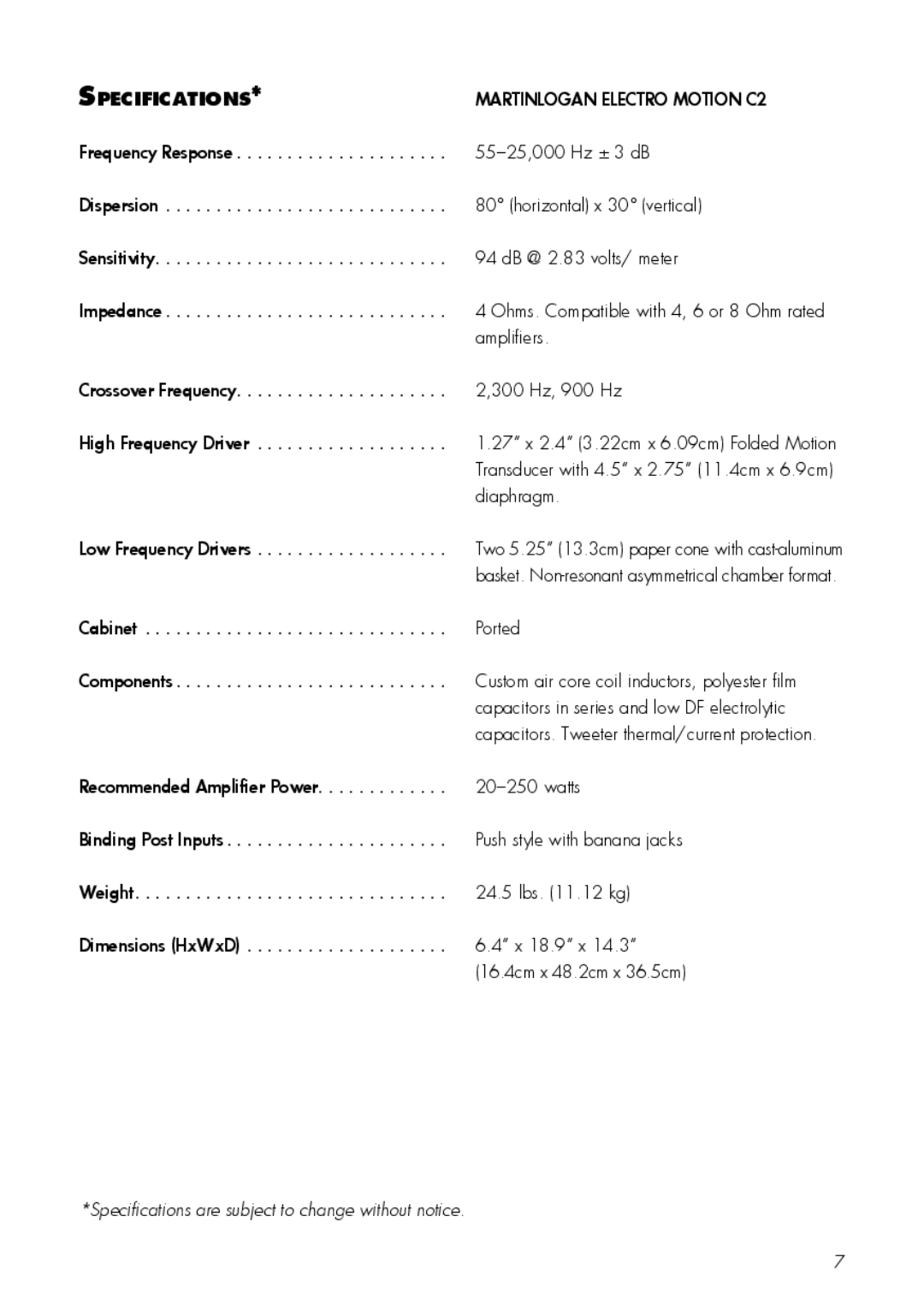 MartinLogan C2 user manual Specifications, Low Frequency Drivers 