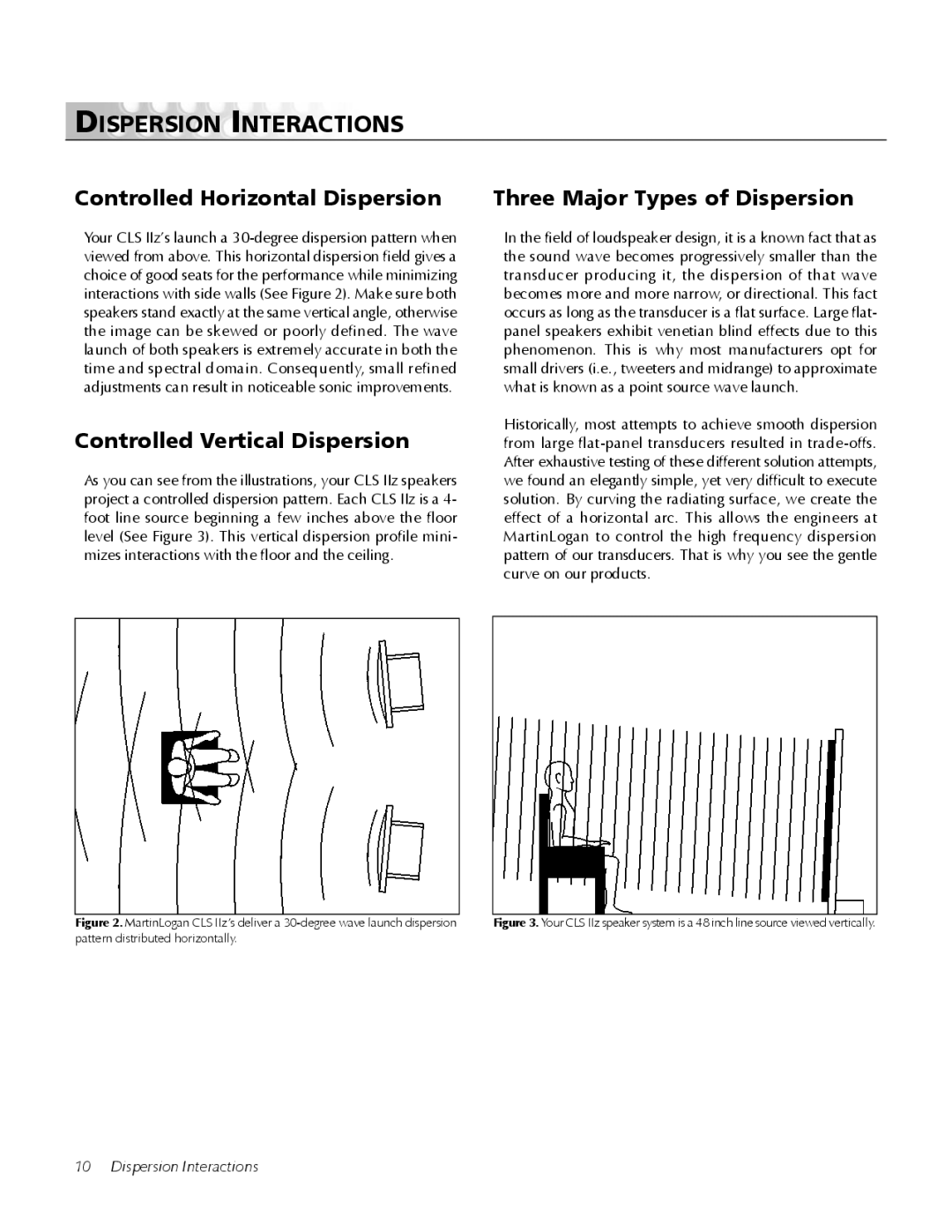 MartinLogan CLS IIz user manual Dispersion Interactions, Controlled Horizontal Dispersion, Controlled Vertical Dispersion 