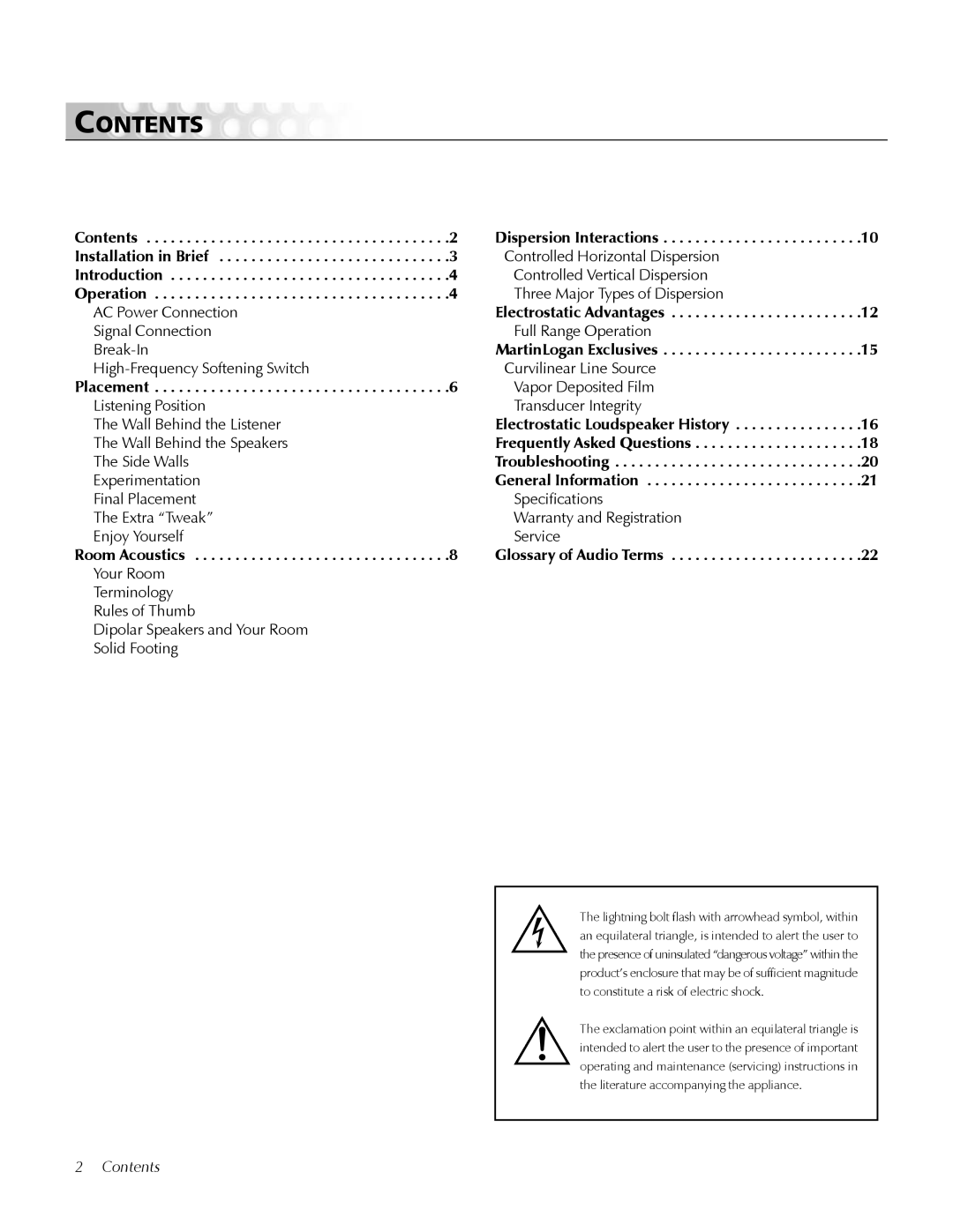 MartinLogan CLS IIz user manual Contents 