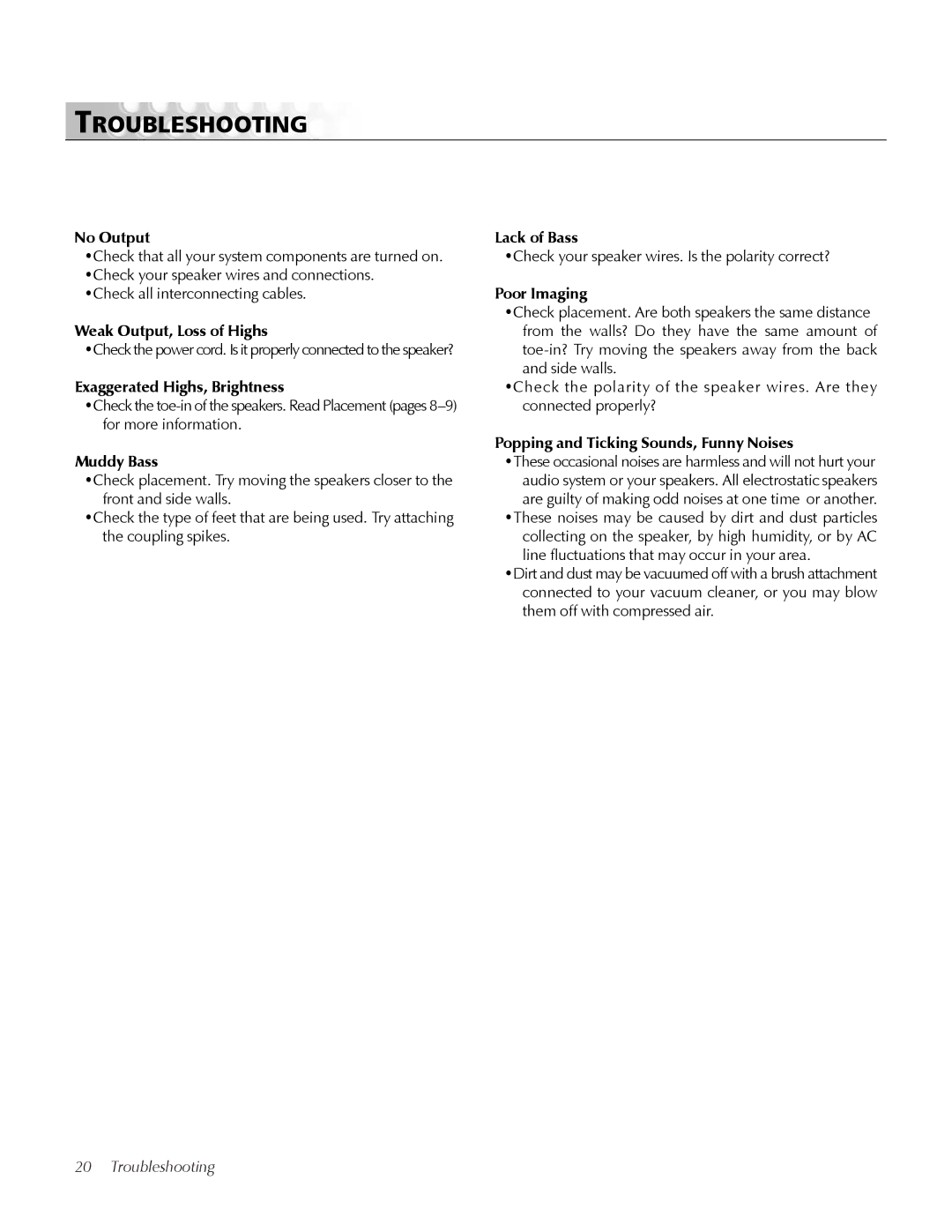 MartinLogan CLS IIz user manual Troubleshooting 