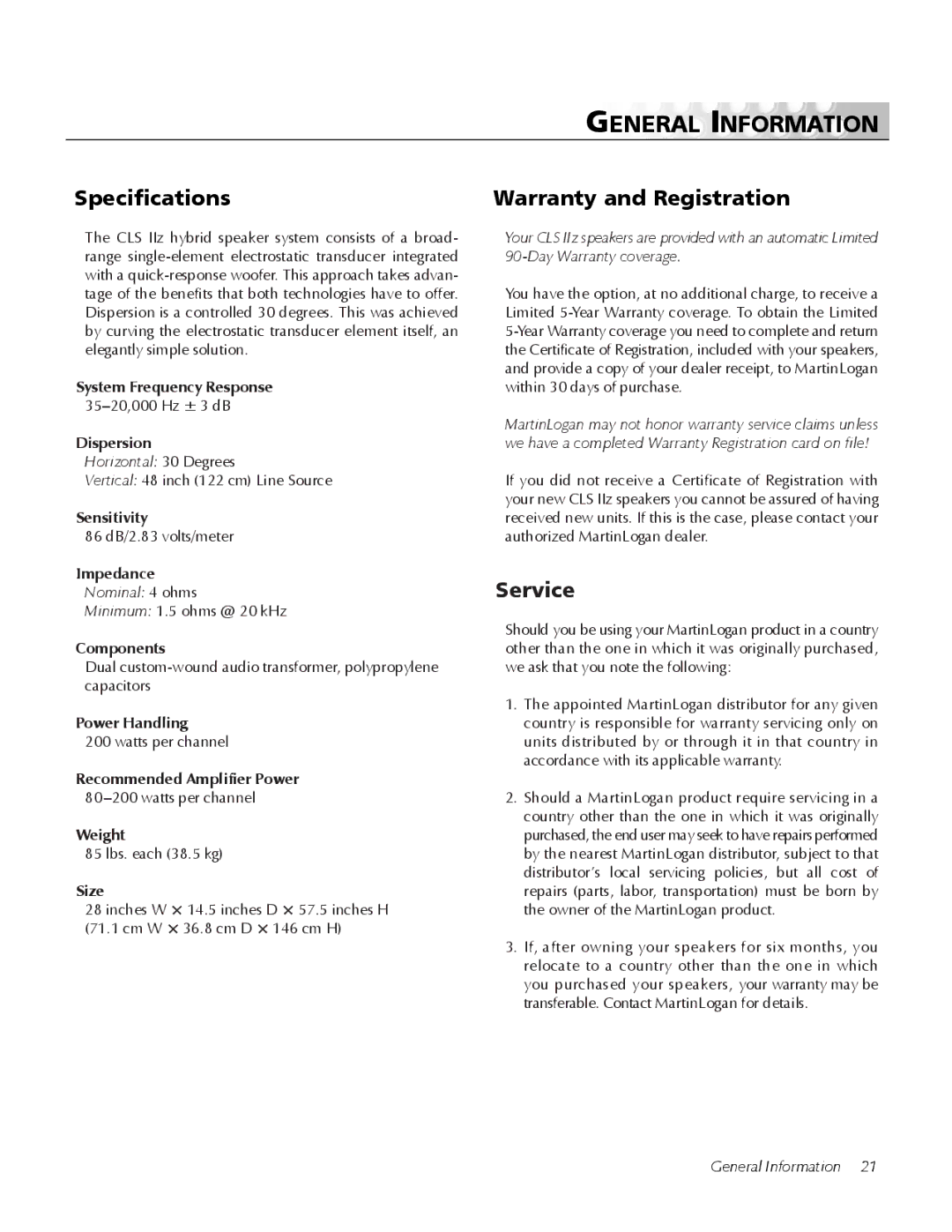 MartinLogan CLS IIz user manual General Information, Specifications, Warranty and Registration, Service 