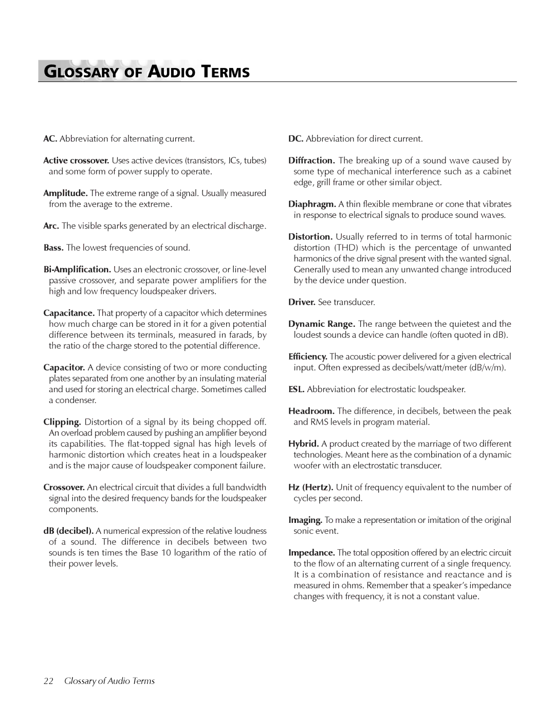 MartinLogan CLS IIz user manual Glossary of Audio Terms 