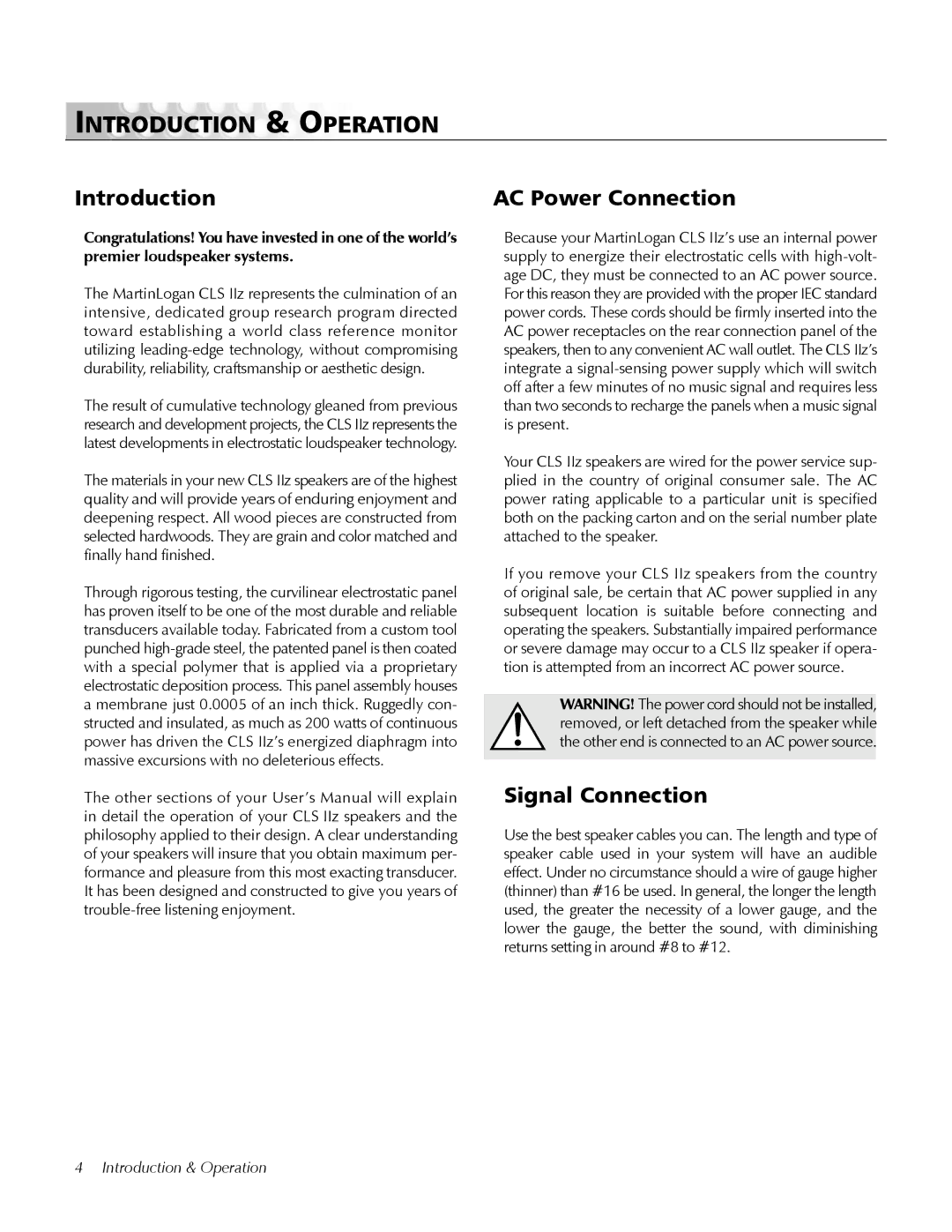 MartinLogan CLS IIz user manual Introduction & Operation, AC Power Connection, Signal Connection 