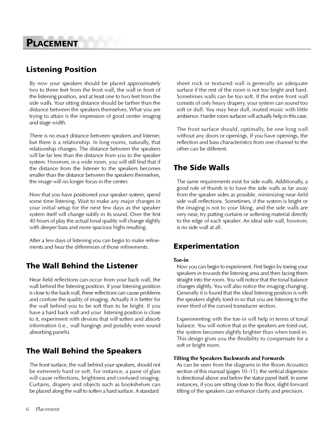 MartinLogan CLS IIz user manual Placement 