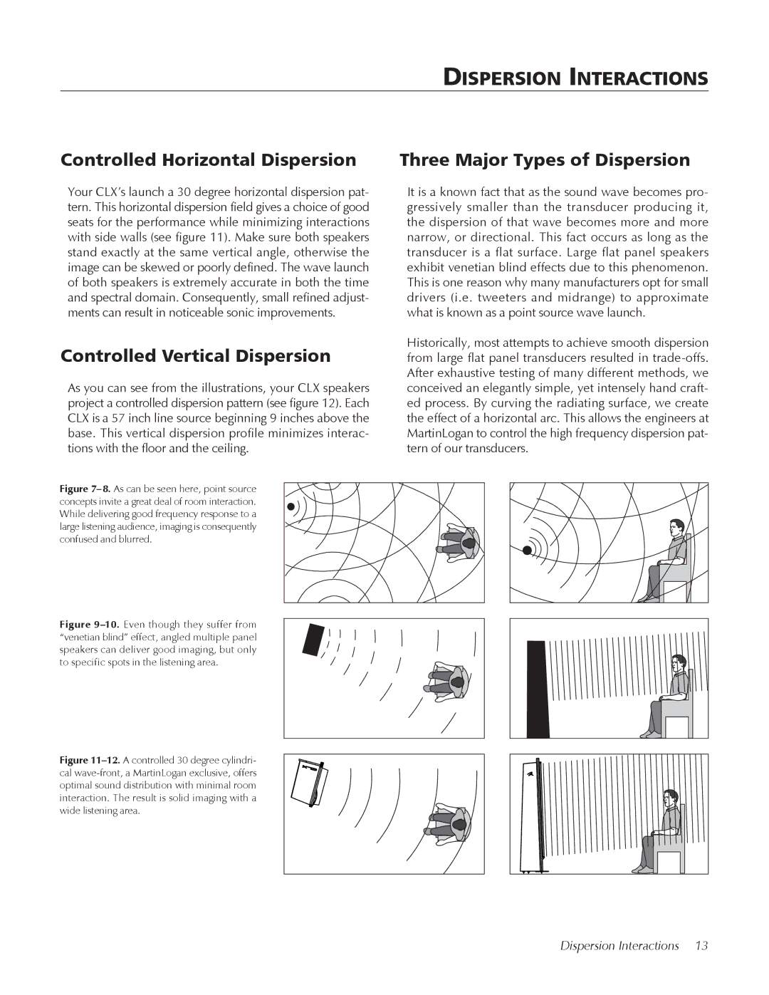 MartinLogan CLX user manual Dispersion Interactions, Controlled Horizontal Dispersion, Controlled Vertical Dispersion 