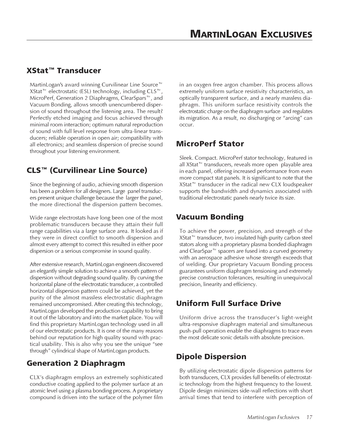 MartinLogan CLX user manual MartinLogan Exclusives 