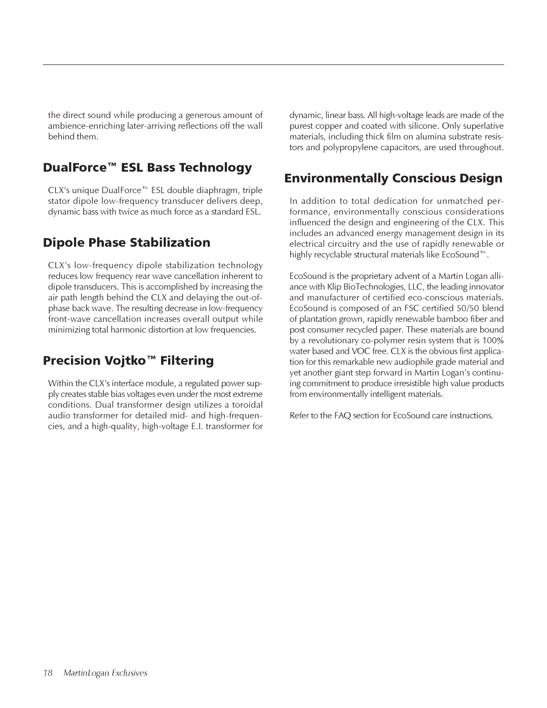 MartinLogan CLX user manual DualForce ESL Bass Technology, Dipole Phase Stabilization, Precision Vojtko Filtering 