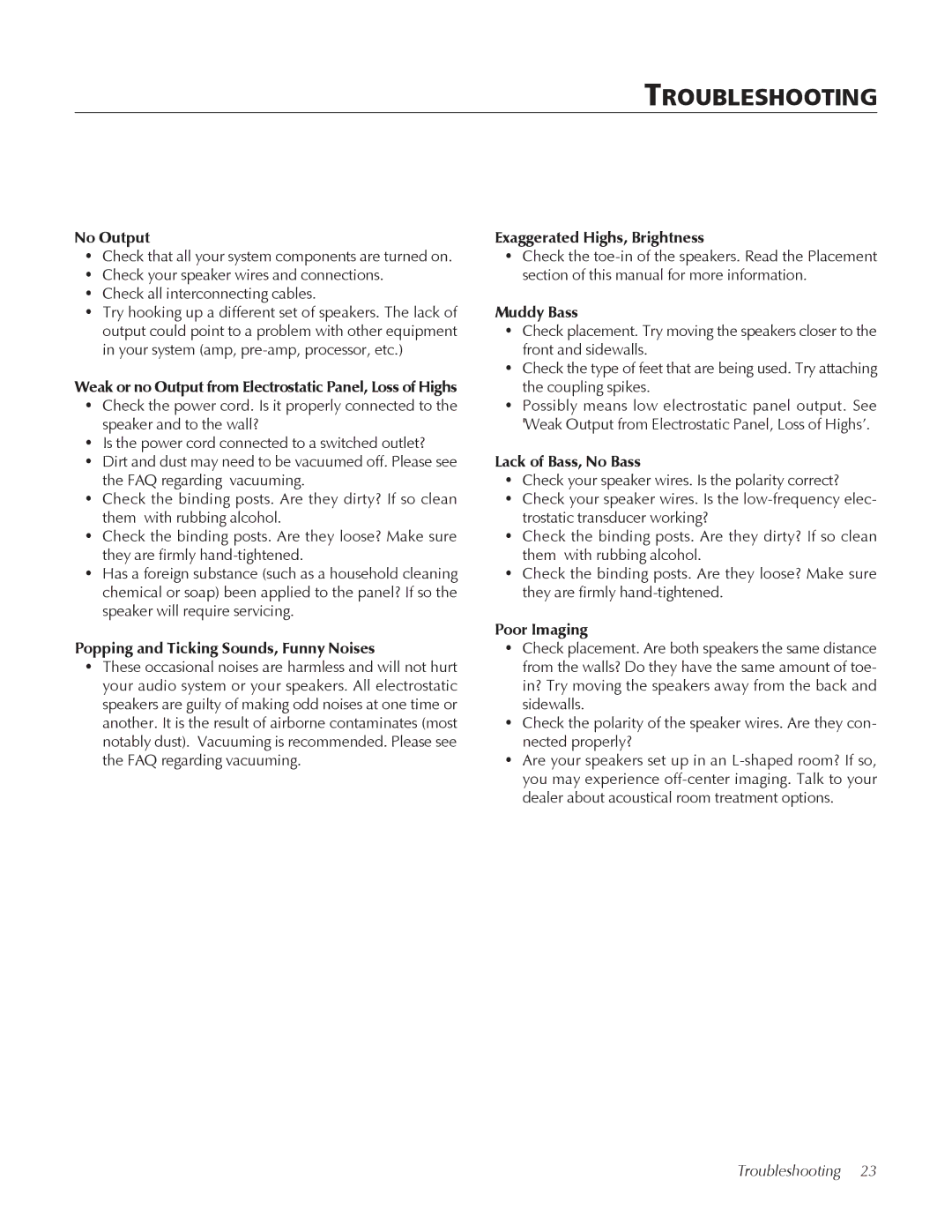 MartinLogan CLX user manual Troubleshooting, Exaggerated .Highs, .Brightness 