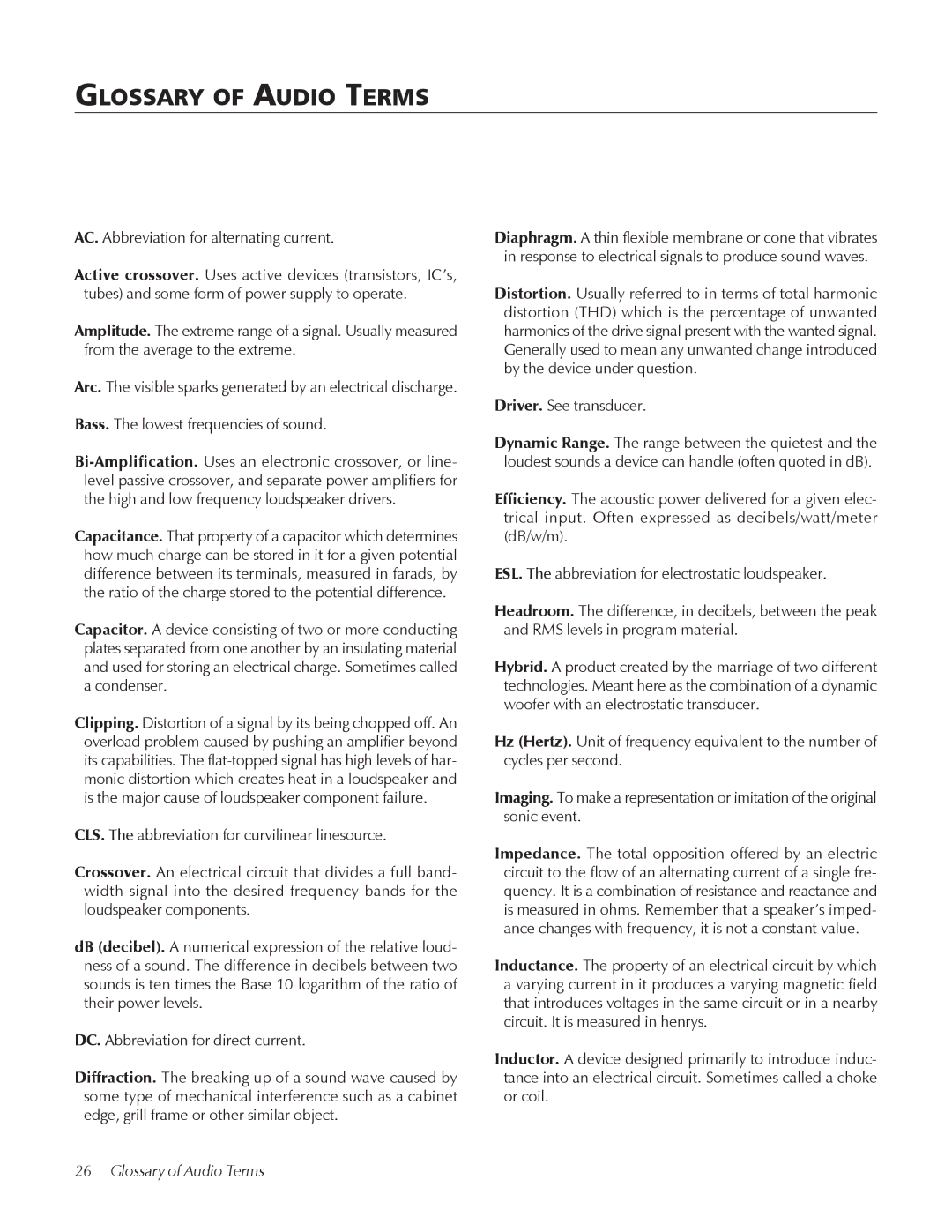 MartinLogan CLX user manual Glossary of Audio Terms 