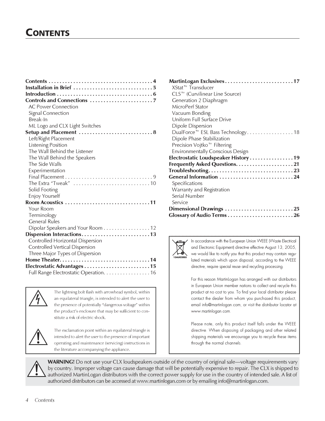 MartinLogan CLX user manual Contents 