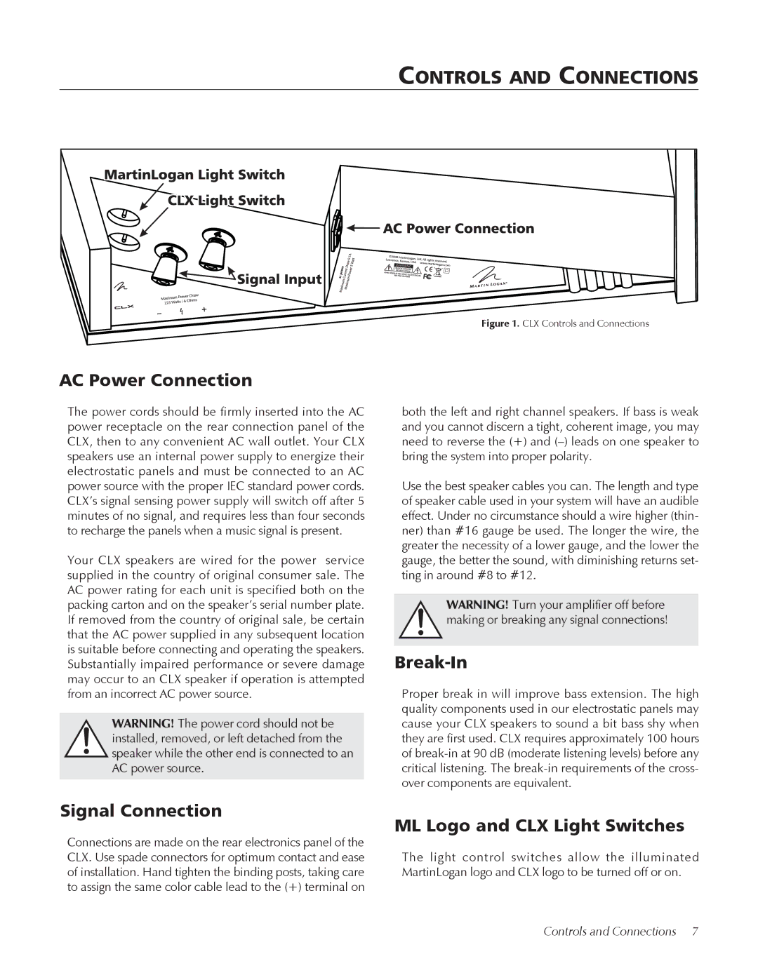 MartinLogan Controls and Connections, AC Power Connection, Signal Connection, Break-In, ML Logo and CLX Light Switches 