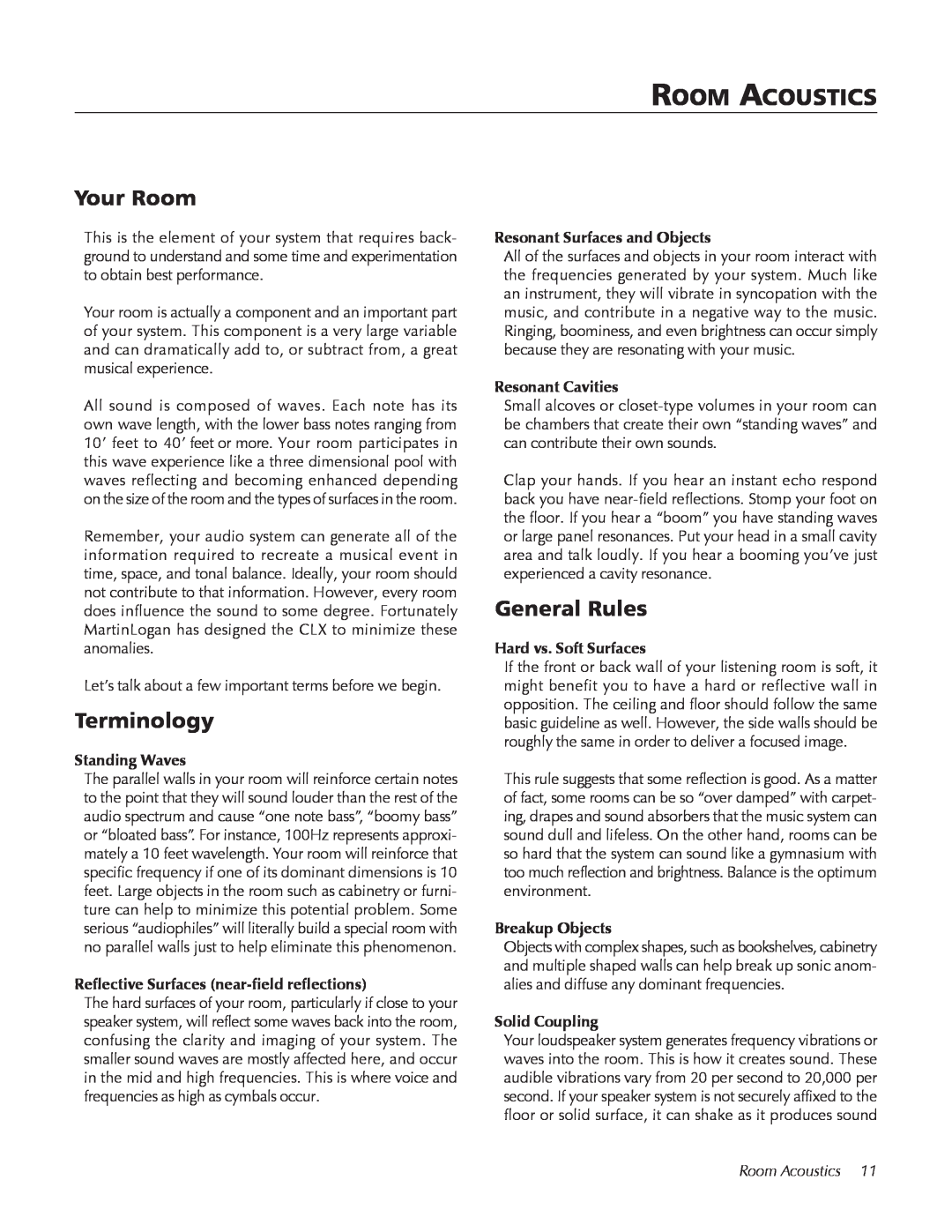 MartinLogan CLX user manual Room Acoustics, Your Room, Terminology, General Rules 