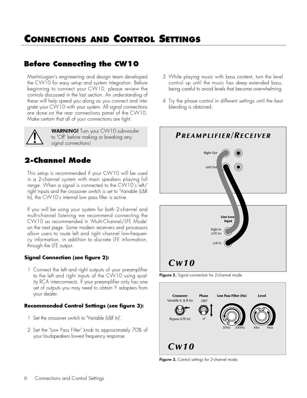 MartinLogan Connections and Control Settings, Before Connecting the CW10, Channel Mode, Signal .Connection .see .figure 