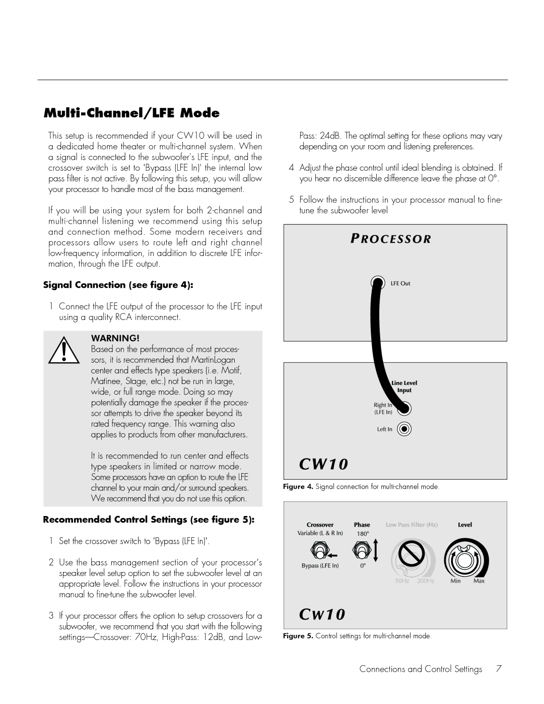 MartinLogan CW10 user manual Multi-Channel/LFE Mode, Set the crossover switch to Bypass LFE 