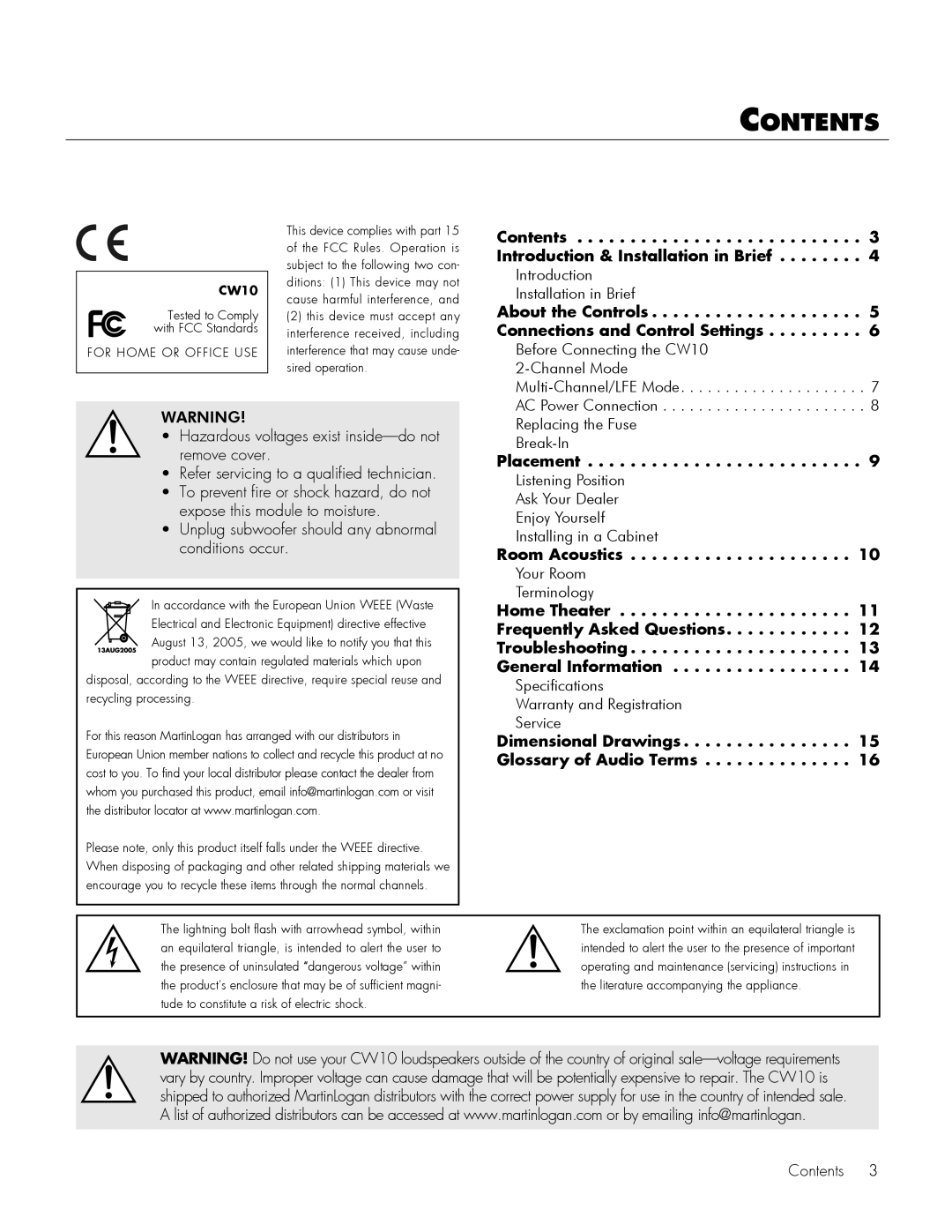 MartinLogan CW10 user manual Contents 