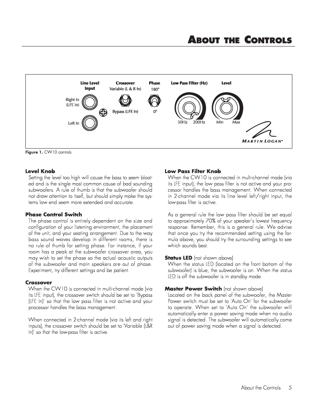 MartinLogan CW10 user manual About the Controls, Level .Knob, Phase .Control .Switch, Crossover, Low .Pass .Filter .Knob 