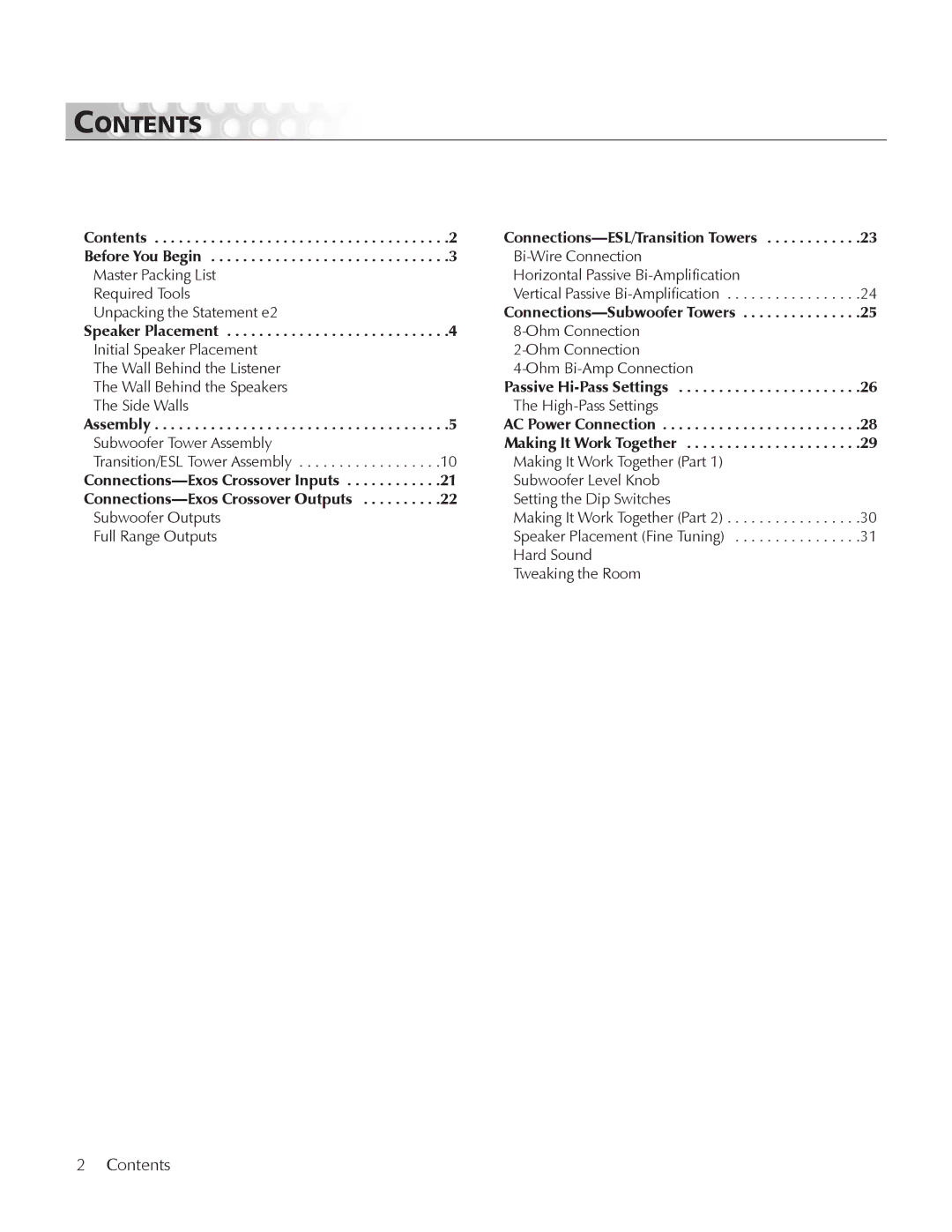 MartinLogan E2 manual Contents 