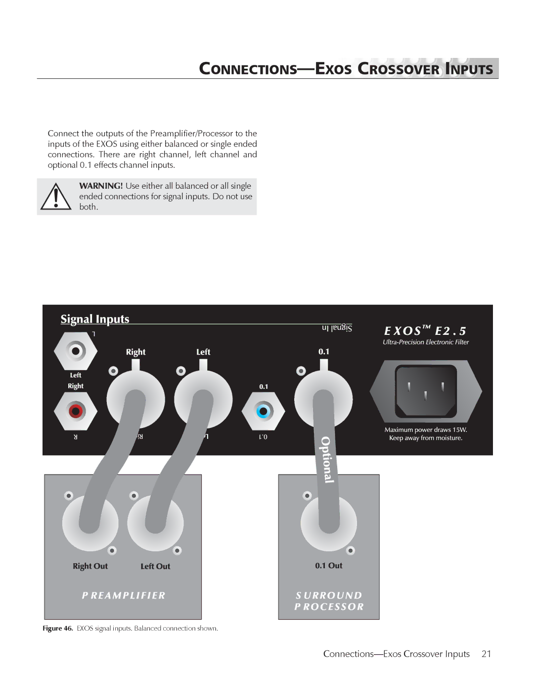 MartinLogan E2 manual CONNECTIONS-EXOS Crossover Inputs, Exos signal inputs. Balanced connection shown 