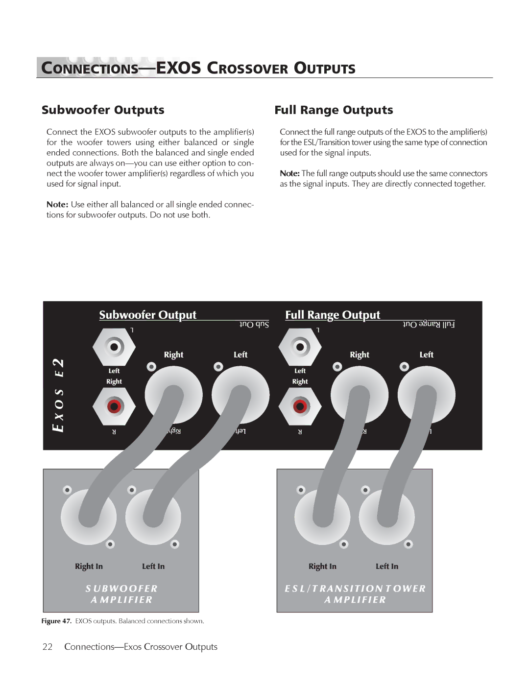 MartinLogan E2 manual CONNECTIONS-EXOS Crossover Outputs, Subwoofer Outputs, Full Range Outputs 