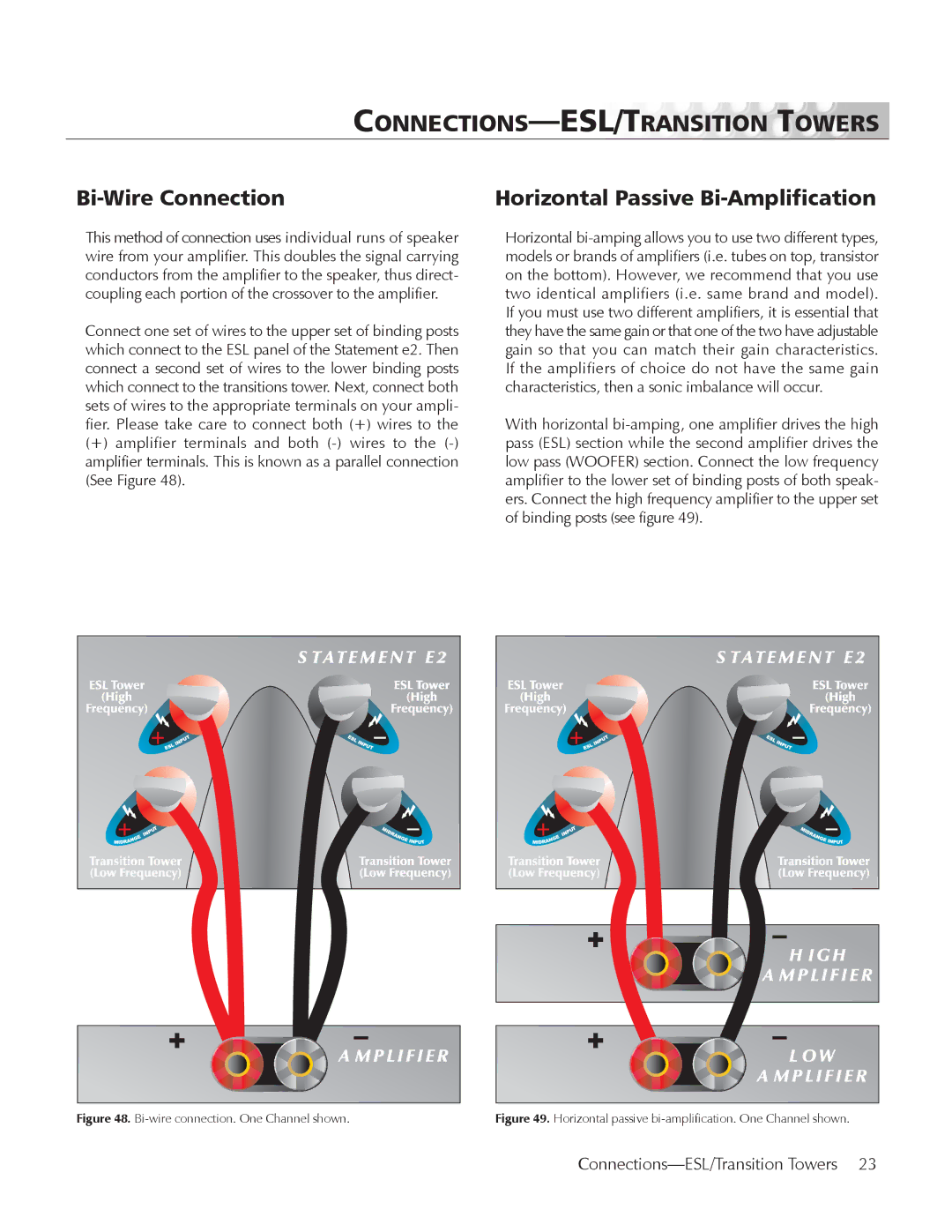 MartinLogan E2 manual CONNECTIONS-ESL/TRANSITION Towers, Bi-Wire Connection, Horizontal Passive Bi-Amplification 