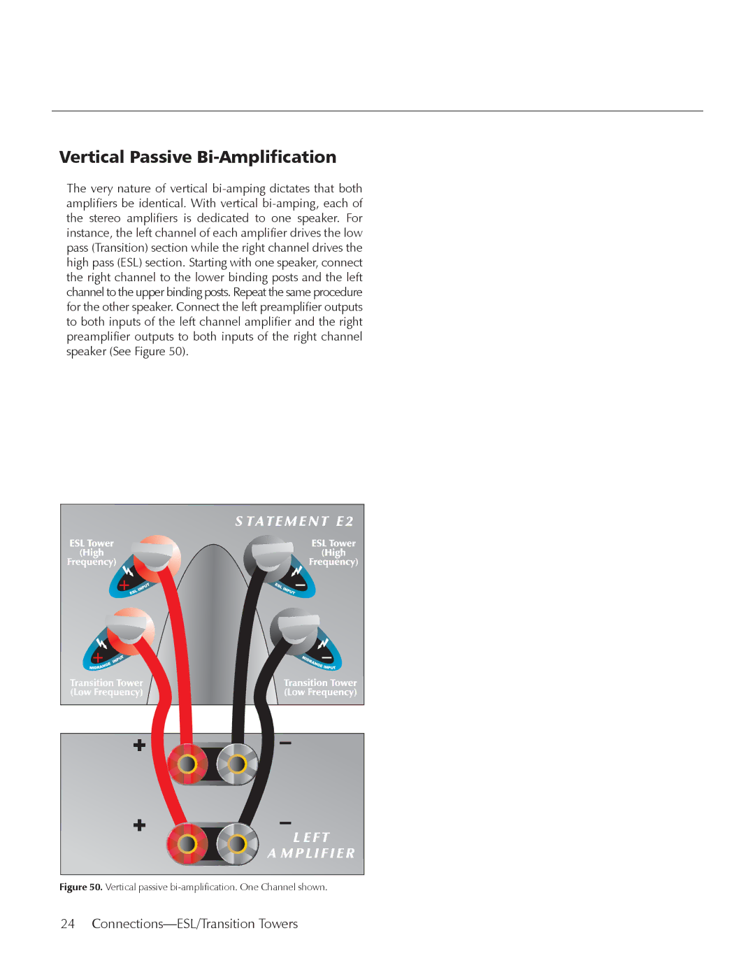 MartinLogan E2 manual Vertical Passive Bi-Amplification, Vertical passive bi-amplification. One Channel shown 