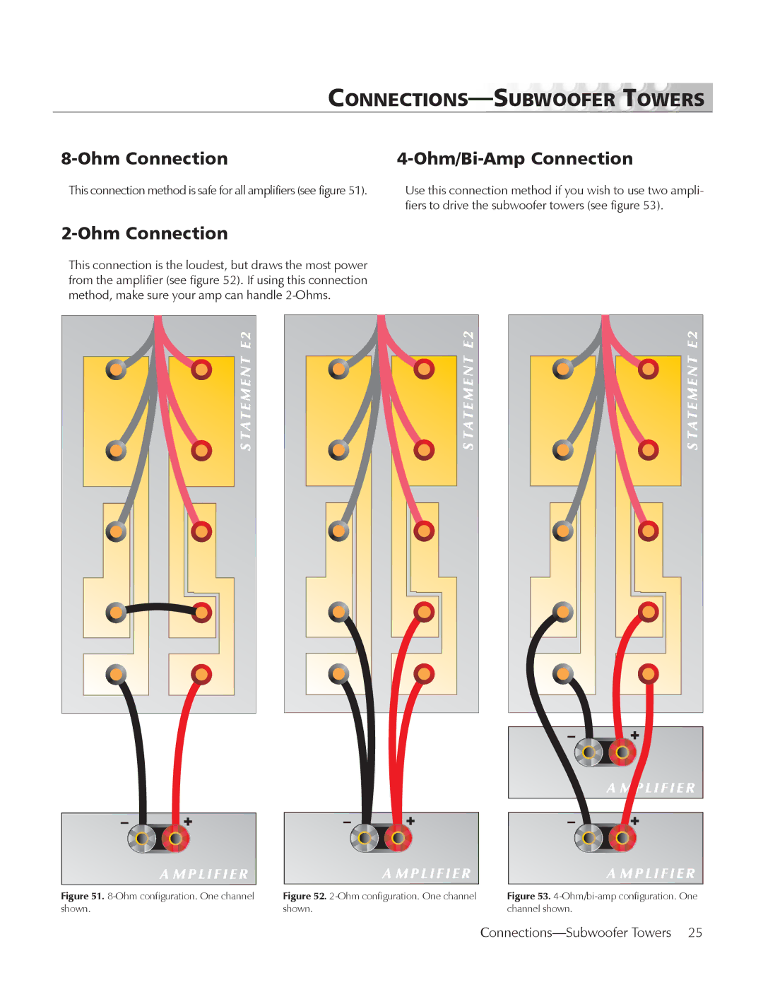 MartinLogan E2 manual CONNECTIONS-SUBWOOFER Towers, Ohm Connection, Ohm/Bi-Amp Connection 