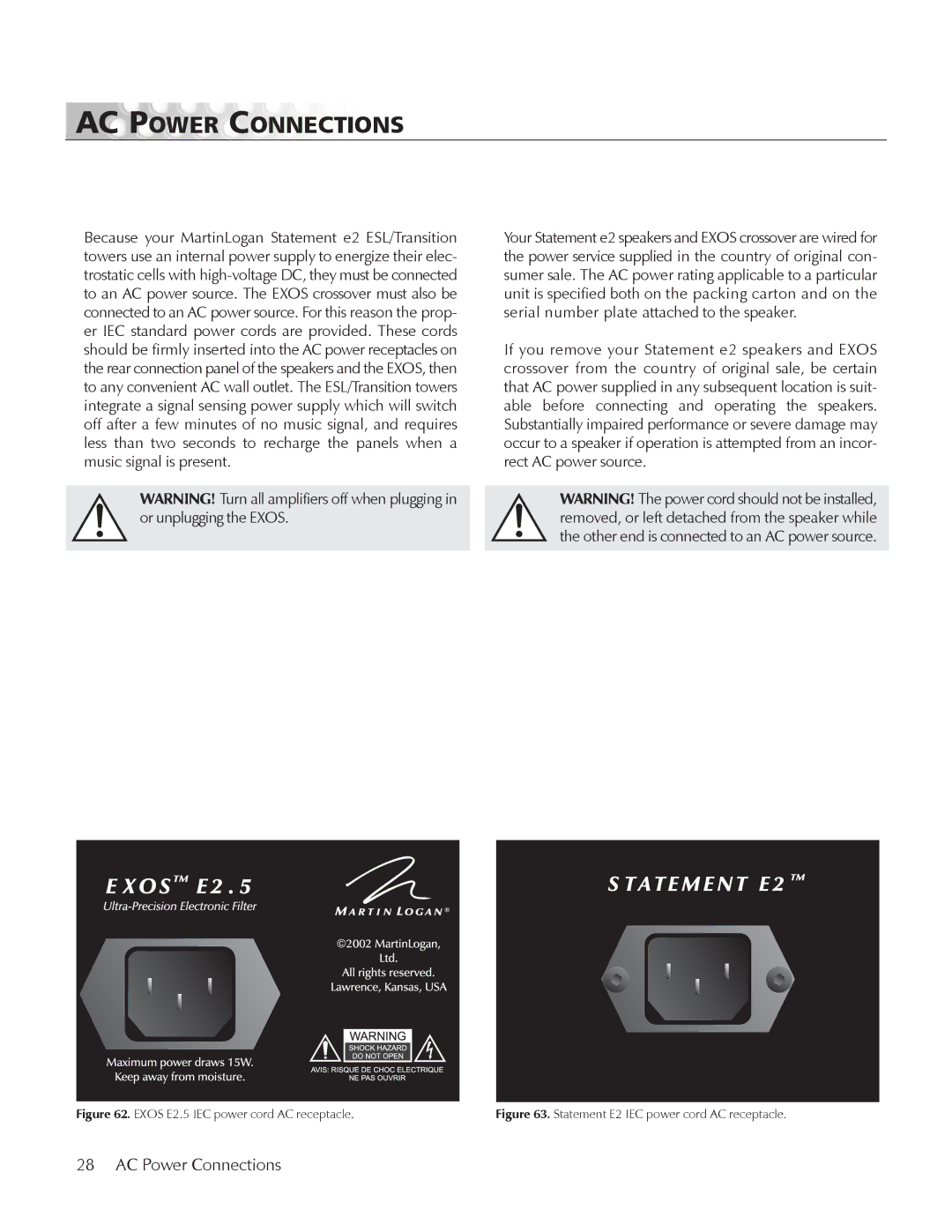 MartinLogan manual AC Power Connections, Exos E2.5 IEC power cord AC receptacle 