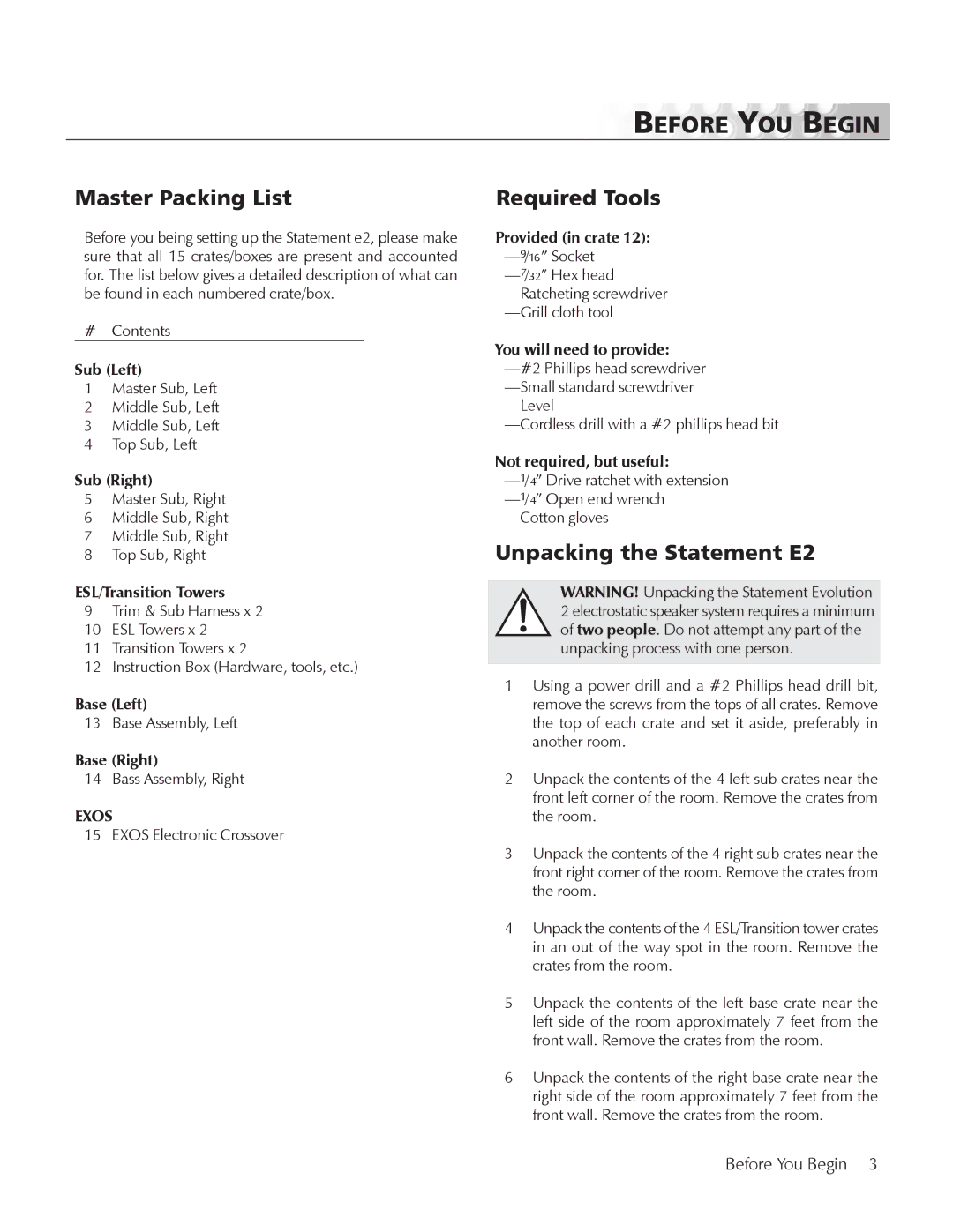 MartinLogan manual Before YOU Begin, Master Packing List, Required Tools, Unpacking the Statement E2 