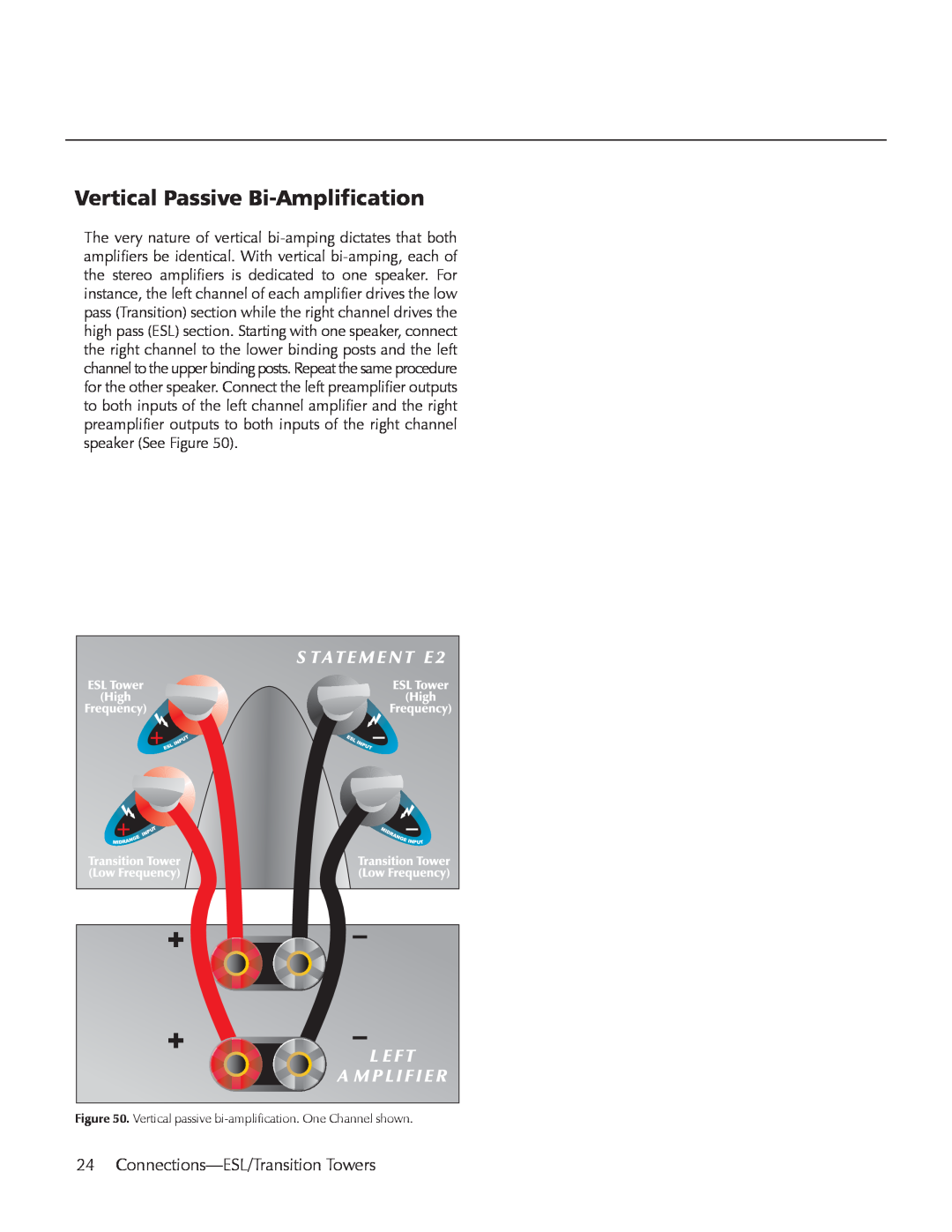 MartinLogan E2 manual Vertical Passive Bi-Amplification, Connections-ESL/TransitionTowers 