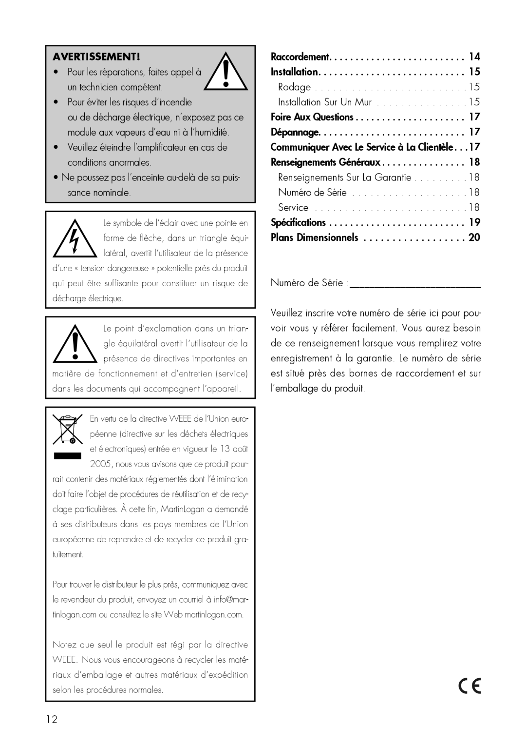 MartinLogan FX2 user manual Avertissement, Numéro de Série 