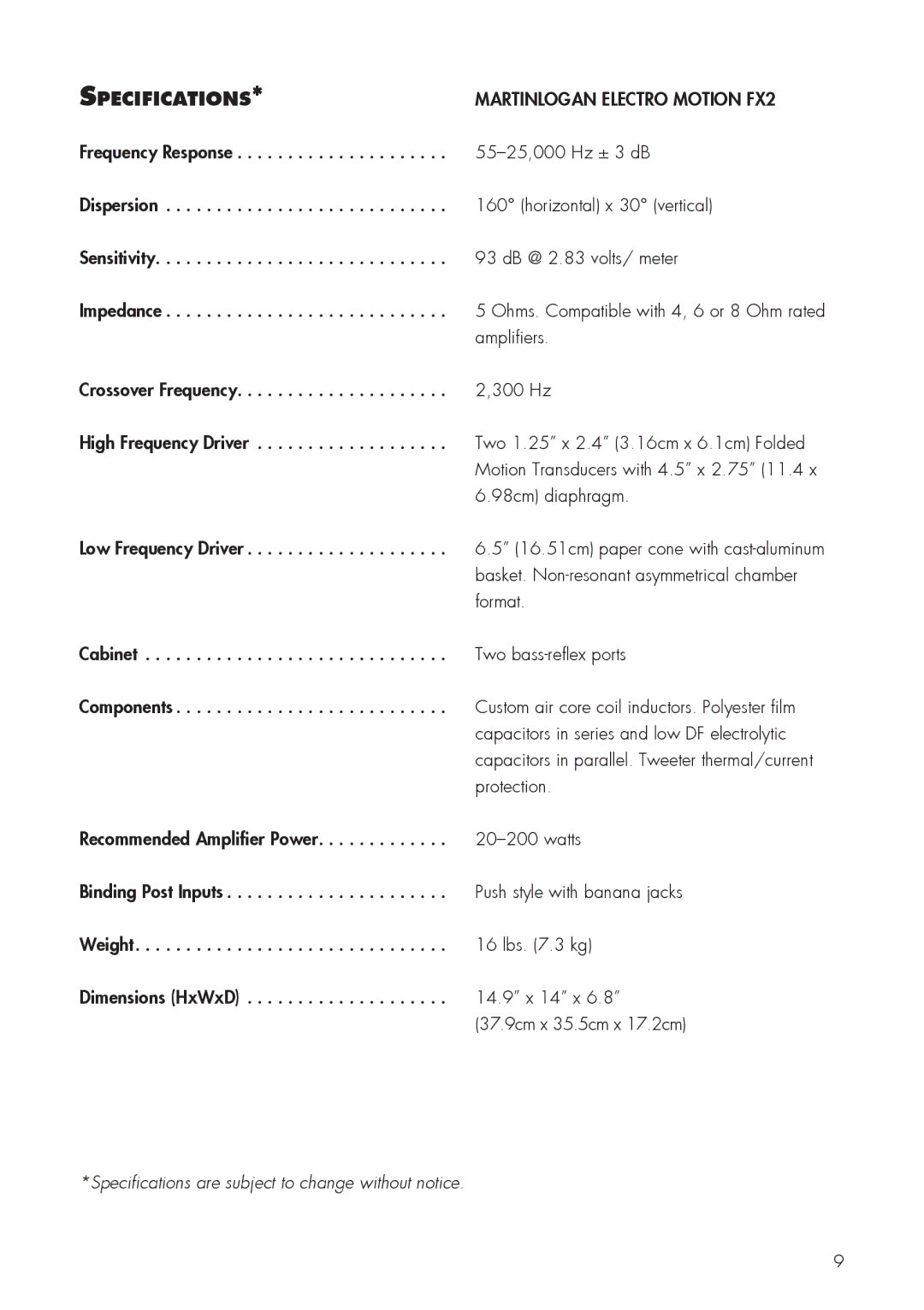 MartinLogan FX2 user manual Specifications 