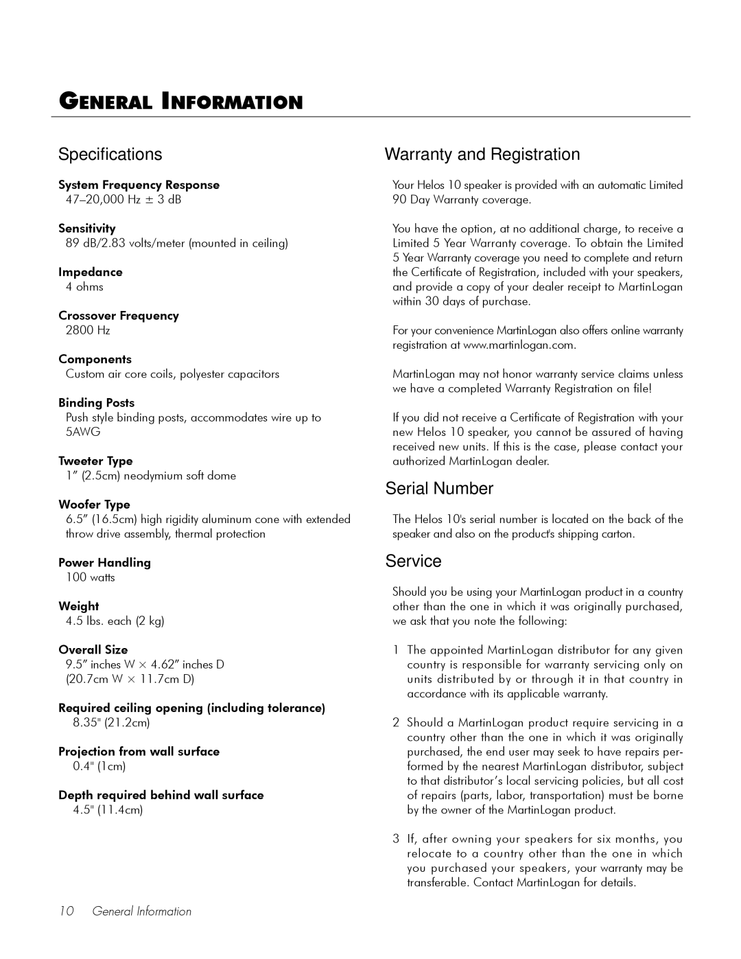 MartinLogan Helos 10 user manual General Information, Specifications, Warranty and Registration, Serial Number, Service 