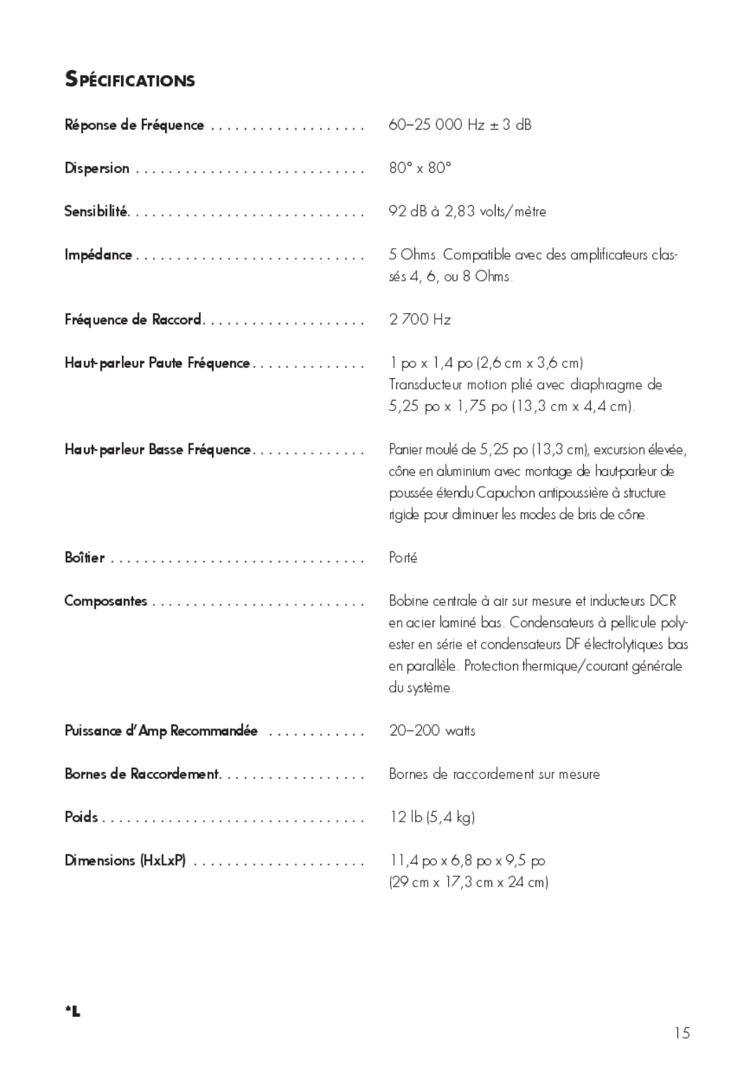 MartinLogan I5 user manual Spécifications, Boîtier Porté Composantes, Du système 