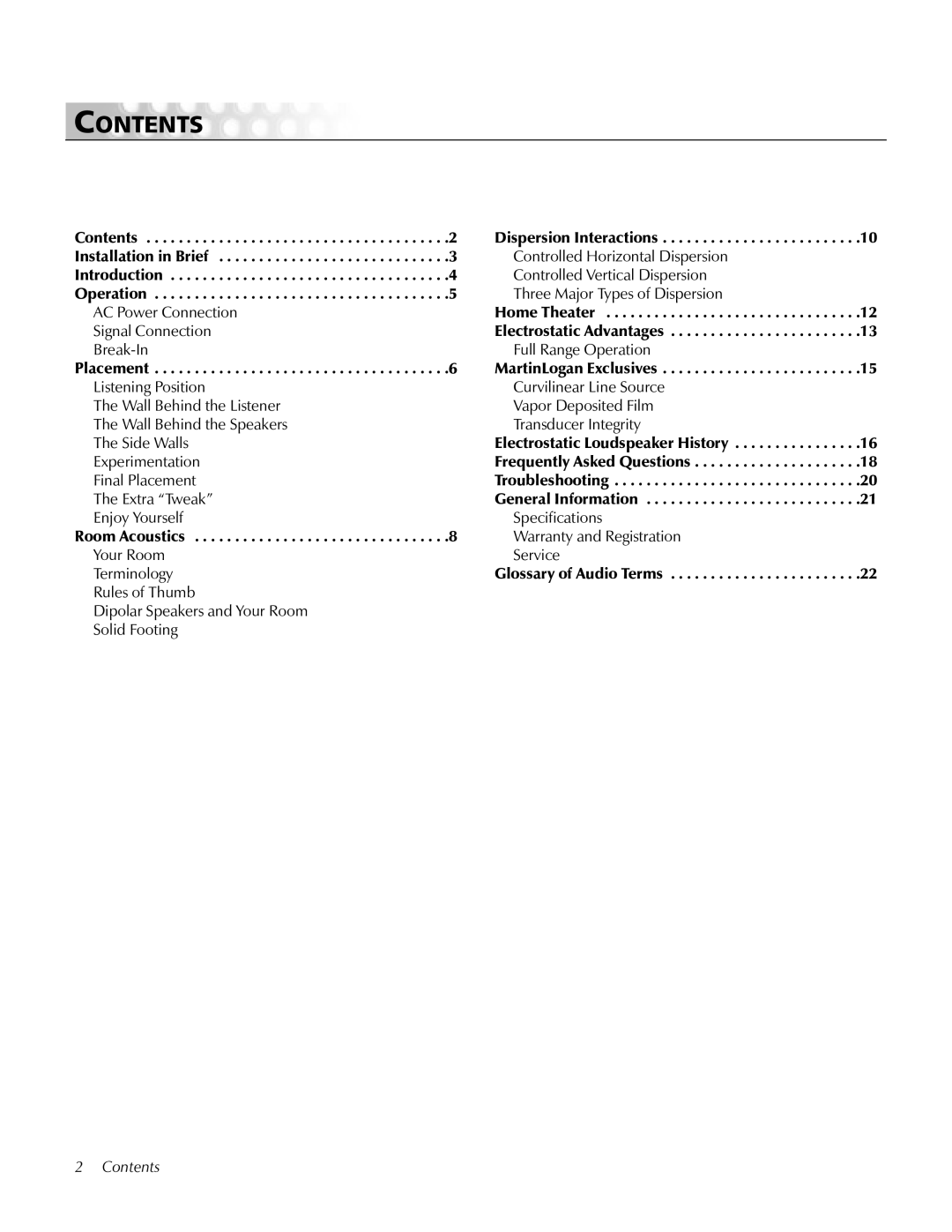 MartinLogan Loudspeaker Systems user manual Contents 