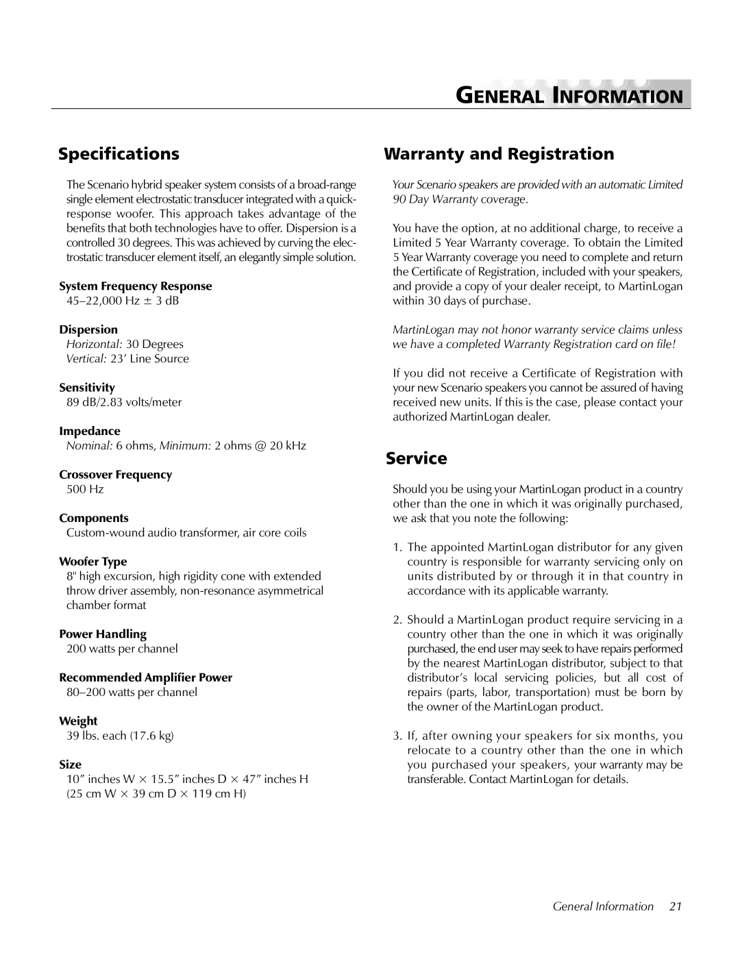 MartinLogan Loudspeaker Systems user manual General Information, Specifications, Warranty and Registration, Service 