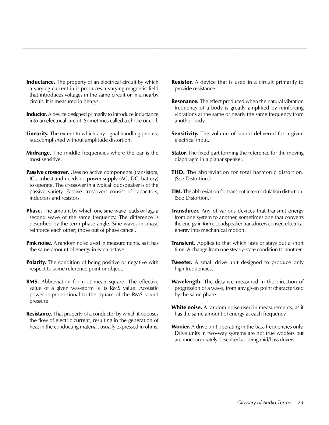 MartinLogan Loudspeaker Systems user manual Glossary of Audio Terms 