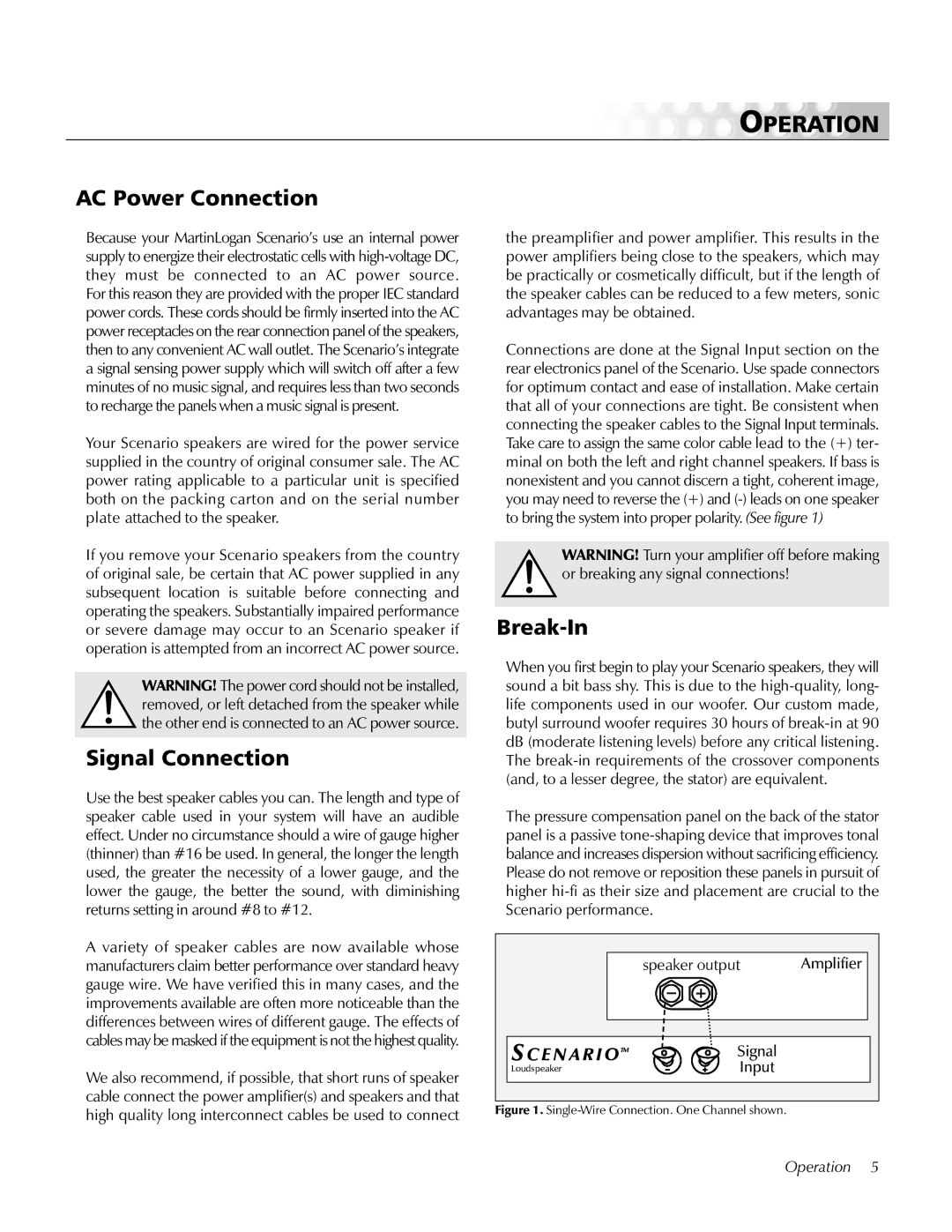 MartinLogan Loudspeaker Systems user manual Operation, AC Power Connection, Signal Connection, Break-In 