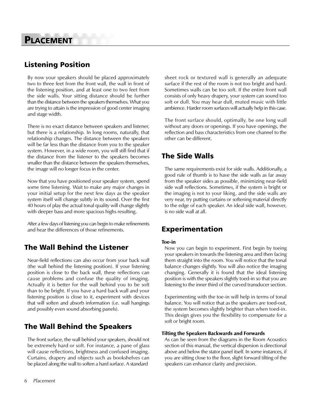 MartinLogan Loudspeaker Systems user manual Placement 