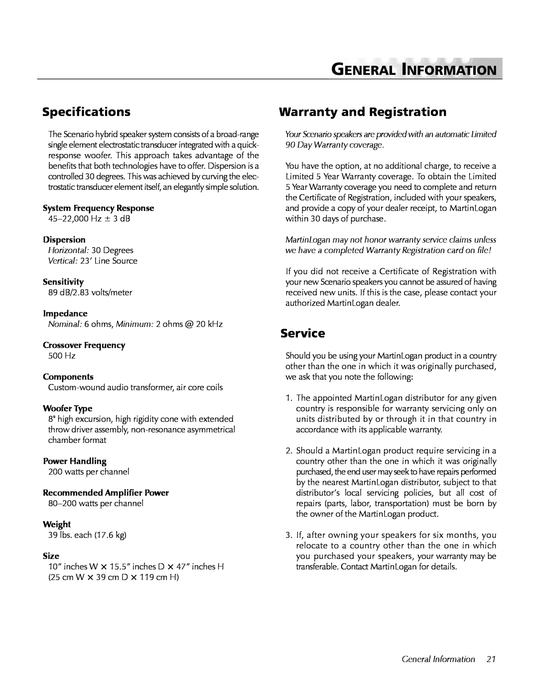 MartinLogan Loudspeaker Systems user manual General Information, Specifications, Warranty and Registration, Service 