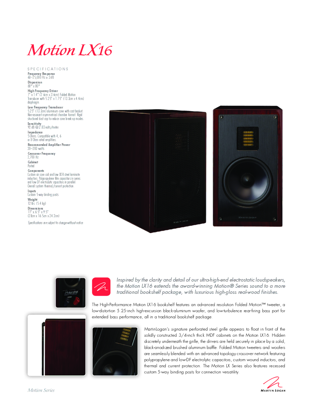 MartinLogan specifications Motion LX16 