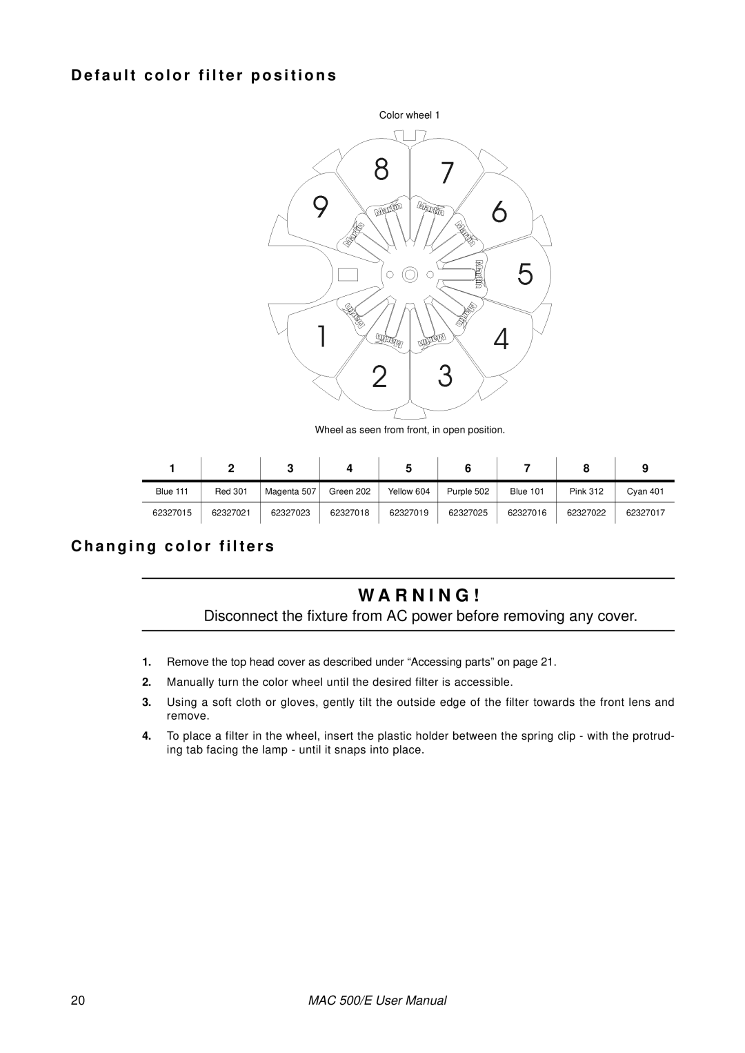 MartinLogan MAC 500/E user manual Fault c o l o r f i l t e r p o s i t i o n s, A n g i n g c o l o r f i l t e r s 